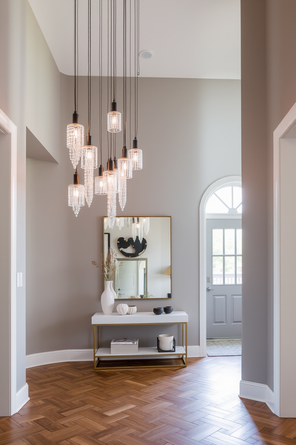 Cascading pendant lights hang from the ceiling, creating a striking focal point in the entryway. The walls are painted in a soft gray, complementing a sleek console table adorned with decorative objects. A large mirror with a minimalist frame reflects the light and enhances the space. The flooring features herringbone-patterned wood, adding warmth and texture to the modern design.