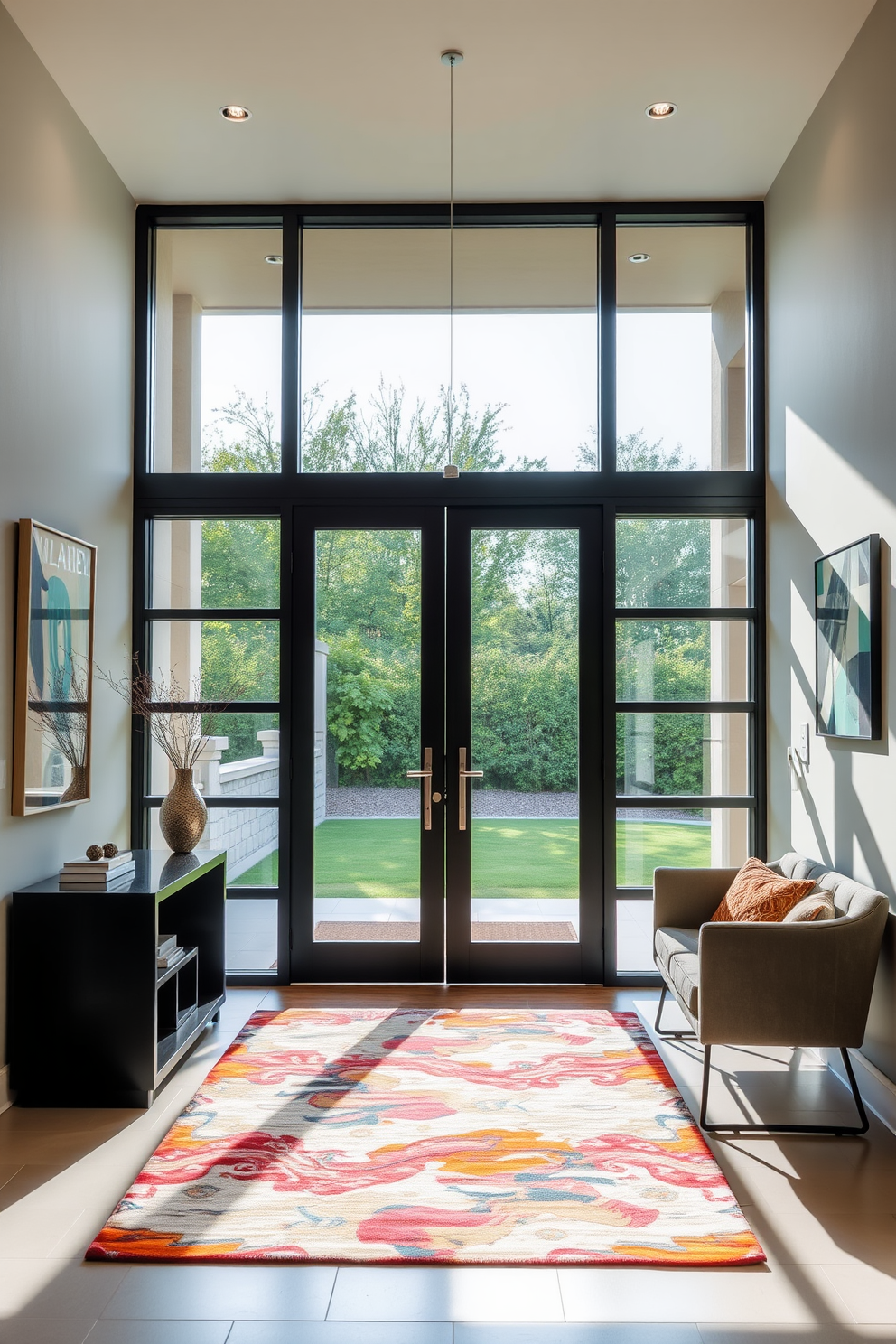 A modern entryway featuring a large glass door that invites natural light and creates a sense of openness. The space is adorned with sleek furniture, including a minimalist console table and a stylish bench, complemented by a vibrant area rug.