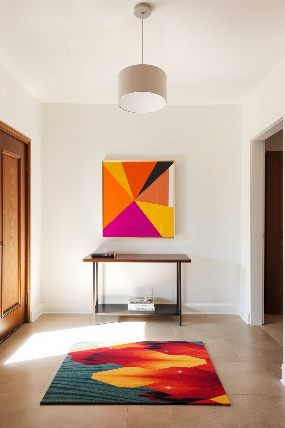 A modern entryway featuring bold geometric wall art as the focal point. The space is illuminated by a sleek pendant light, creating a warm and inviting atmosphere. The flooring consists of large format tiles in a neutral tone, while a stylish console table adds functionality. A vibrant area rug beneath the table complements the geometric art, enhancing the overall aesthetic.