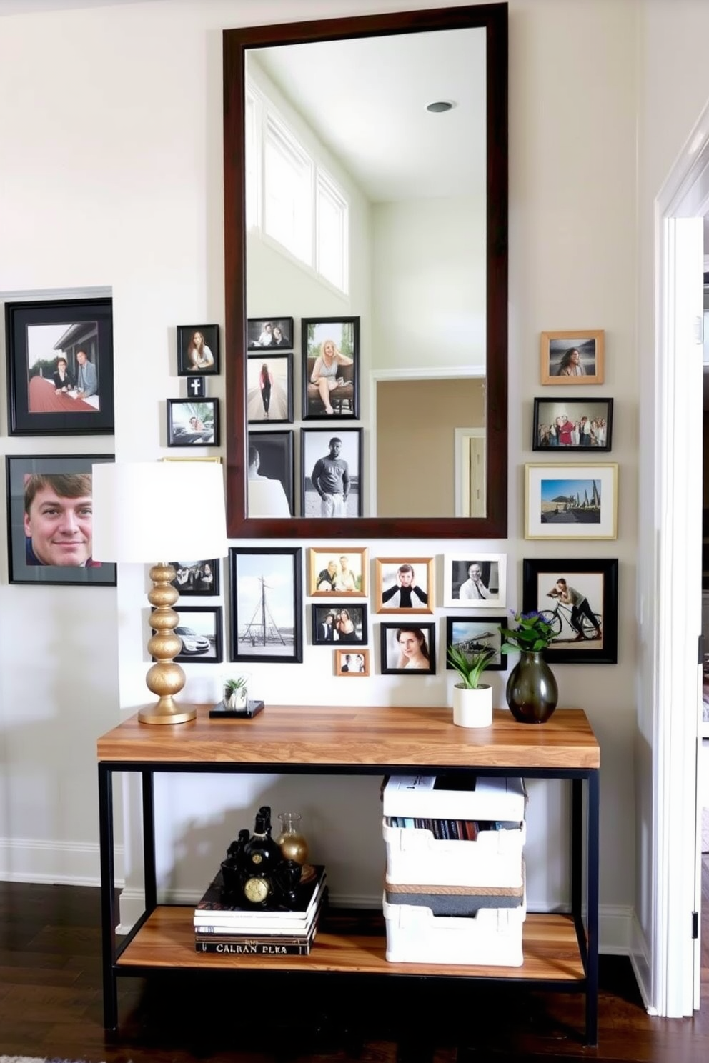 A modern entryway featuring a personalized photo gallery wall display. The wall is adorned with an eclectic mix of framed photographs in various sizes, showcasing cherished memories and artistic prints. The entryway includes a sleek console table made of reclaimed wood, topped with decorative items like a stylish lamp and a small potted plant. A large mirror hangs above the table, reflecting natural light and making the space feel more open and inviting.