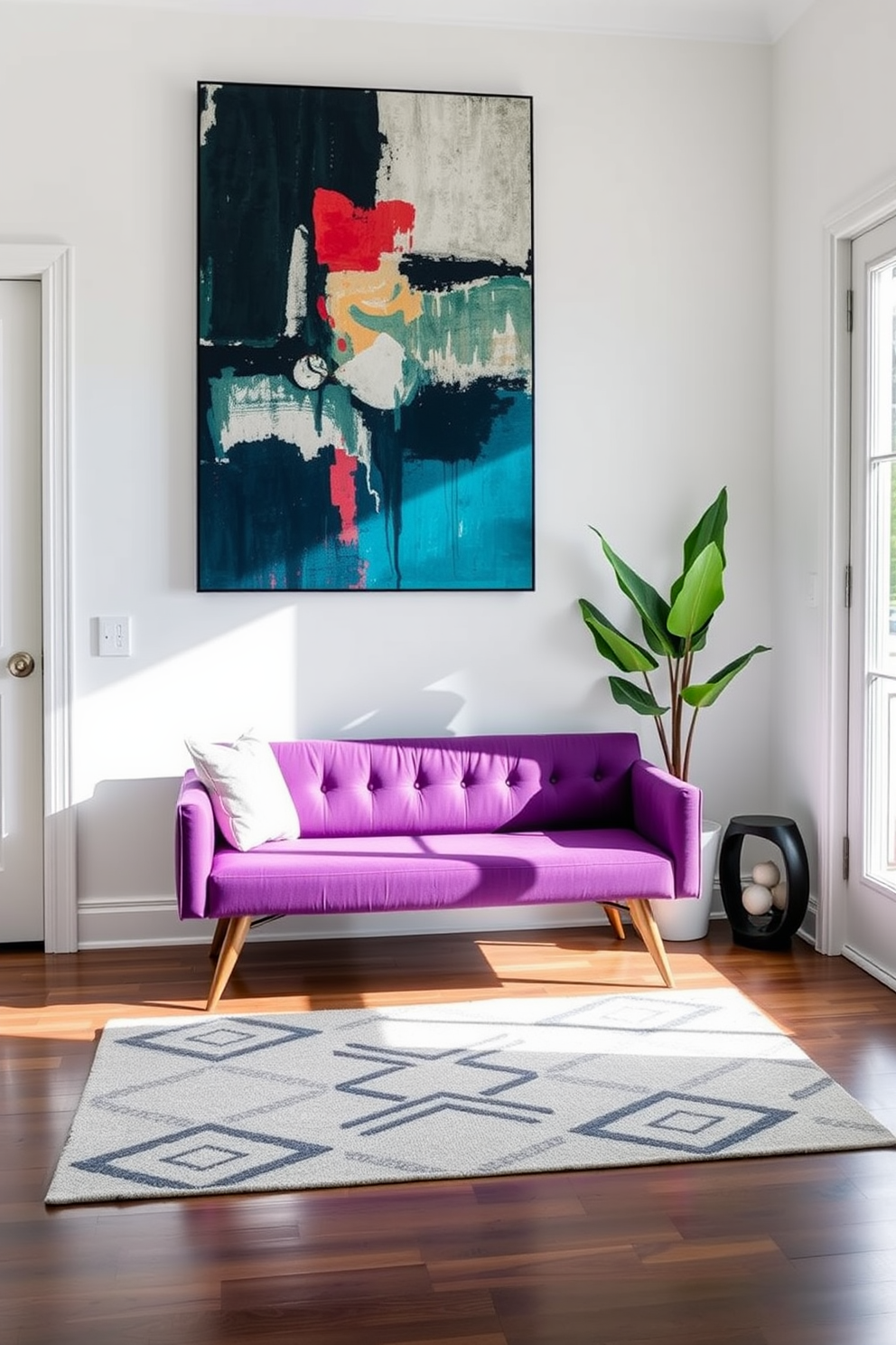 A contemporary bench with bold upholstery sits in the center of a modern entryway. The walls are painted in a crisp white, and a large abstract painting adds a splash of color above the bench. Natural light floods the space through a large window, highlighting the sleek lines of the furniture. A stylish rug with geometric patterns anchors the area, creating a warm and inviting atmosphere.