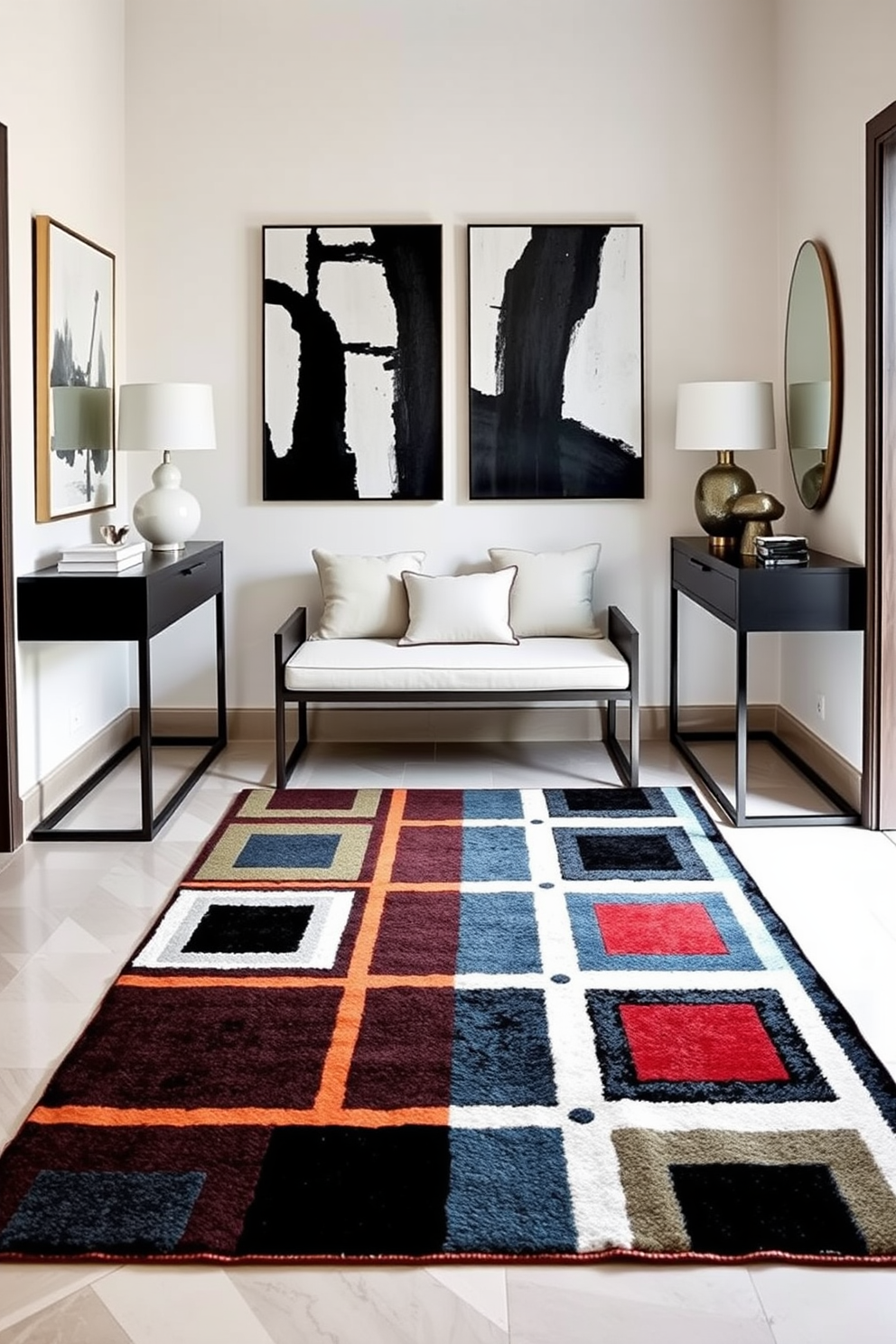 A bold area rug anchors the entryway, featuring vibrant geometric patterns that draw the eye. Flanking the rug, sleek console tables in a minimalist style add functionality and elegance. The walls are adorned with contemporary artwork, creating a striking visual contrast against the neutral tones. A stylish bench with plush cushions provides a welcoming spot for guests to sit while removing their shoes.