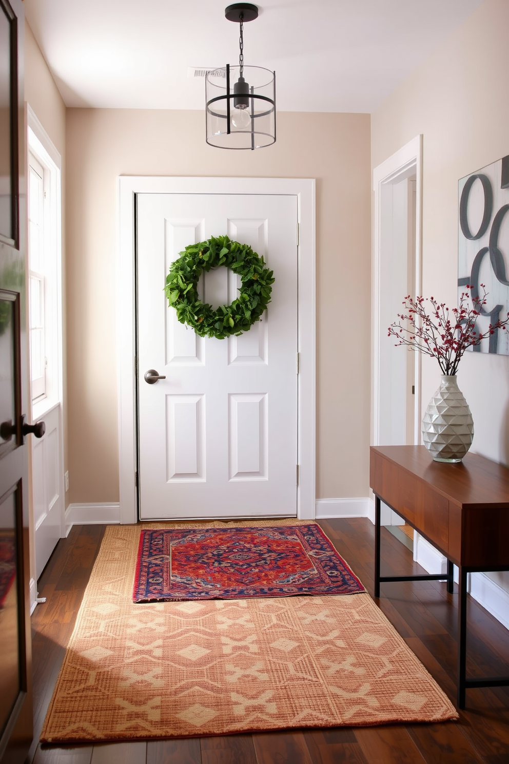 A modern entryway features layered rugs that add texture and warmth to the space. The first rug is a large neutral-toned piece, while a smaller, vibrant patterned rug is placed on top to create visual interest.