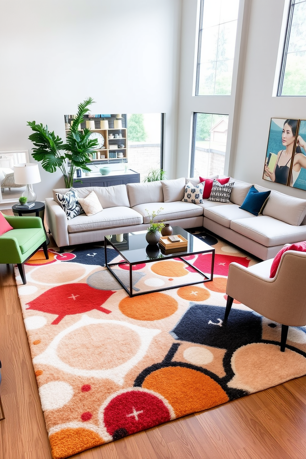 A stylish area rug anchors the modern family room, featuring a large sectional sofa adorned with colorful throw pillows. A sleek coffee table sits atop the rug, surrounded by accent chairs that complement the overall design aesthetic. The walls are painted in a soft neutral tone, allowing the vibrant rug to stand out as a focal point. Large windows invite natural light, enhancing the cozy atmosphere of the space.