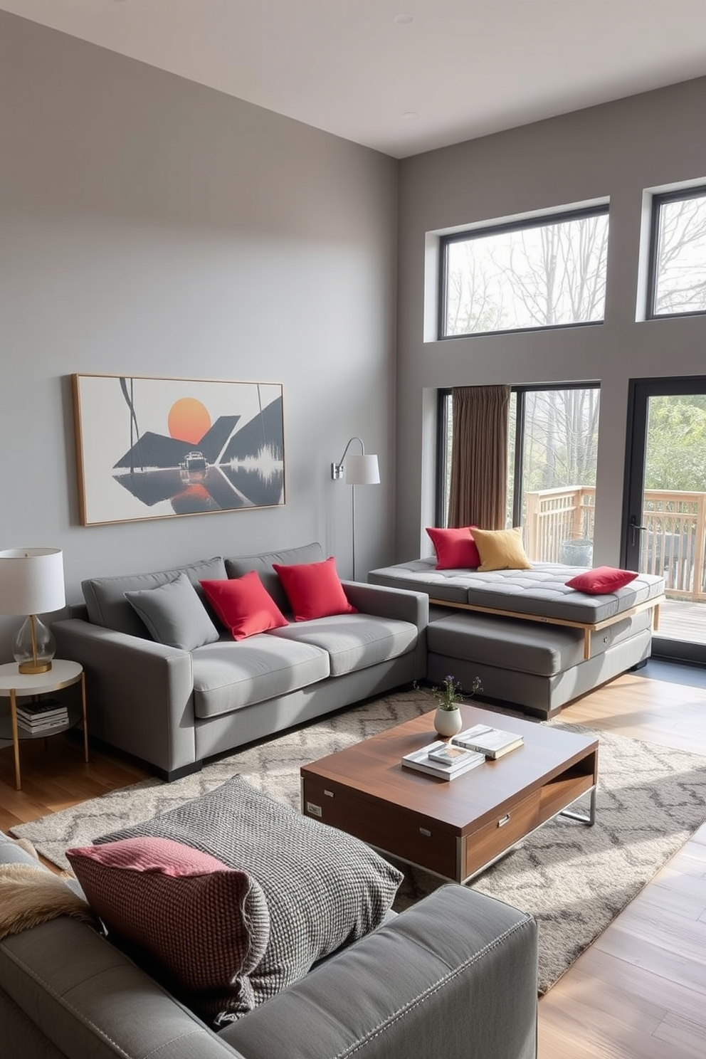 A modern family room featuring multifunctional furniture that maximizes space. The room includes a sleek sofa that converts into a bed and a coffee table with hidden storage. The walls are painted in a soft gray, complemented by vibrant accent pillows. Large windows allow natural light to flood the space, enhancing the cozy atmosphere.