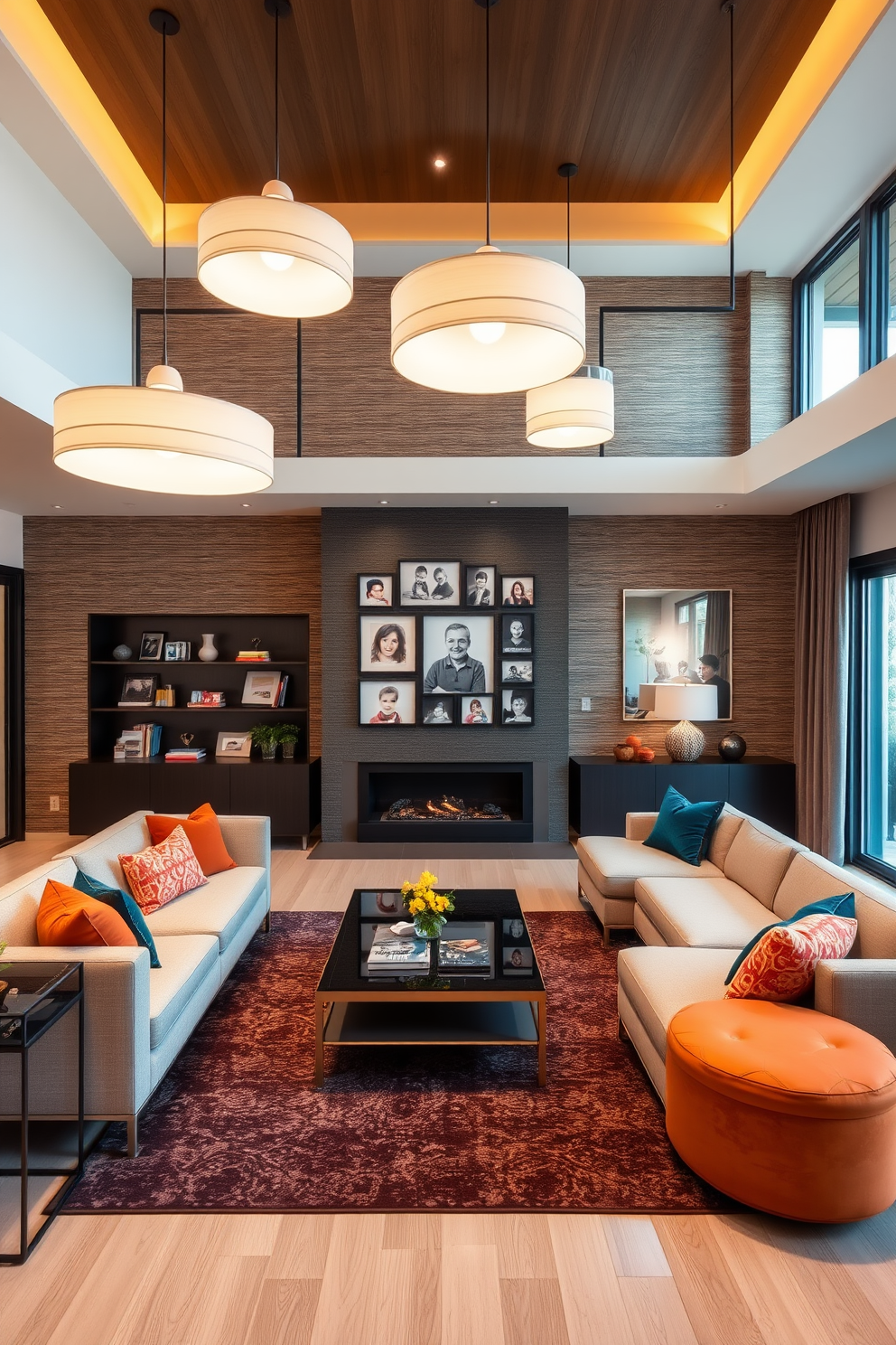 A modern family room featuring statement lighting fixtures that serve as focal points. The room includes a large sectional sofa in a neutral fabric, complemented by colorful accent pillows and a sleek coffee table in the center. On the walls, a combination of textured wallpaper and a gallery of family photos adds warmth and personality. A stylish area rug anchors the space, while floor-to-ceiling windows allow natural light to flood the room, enhancing the inviting atmosphere.