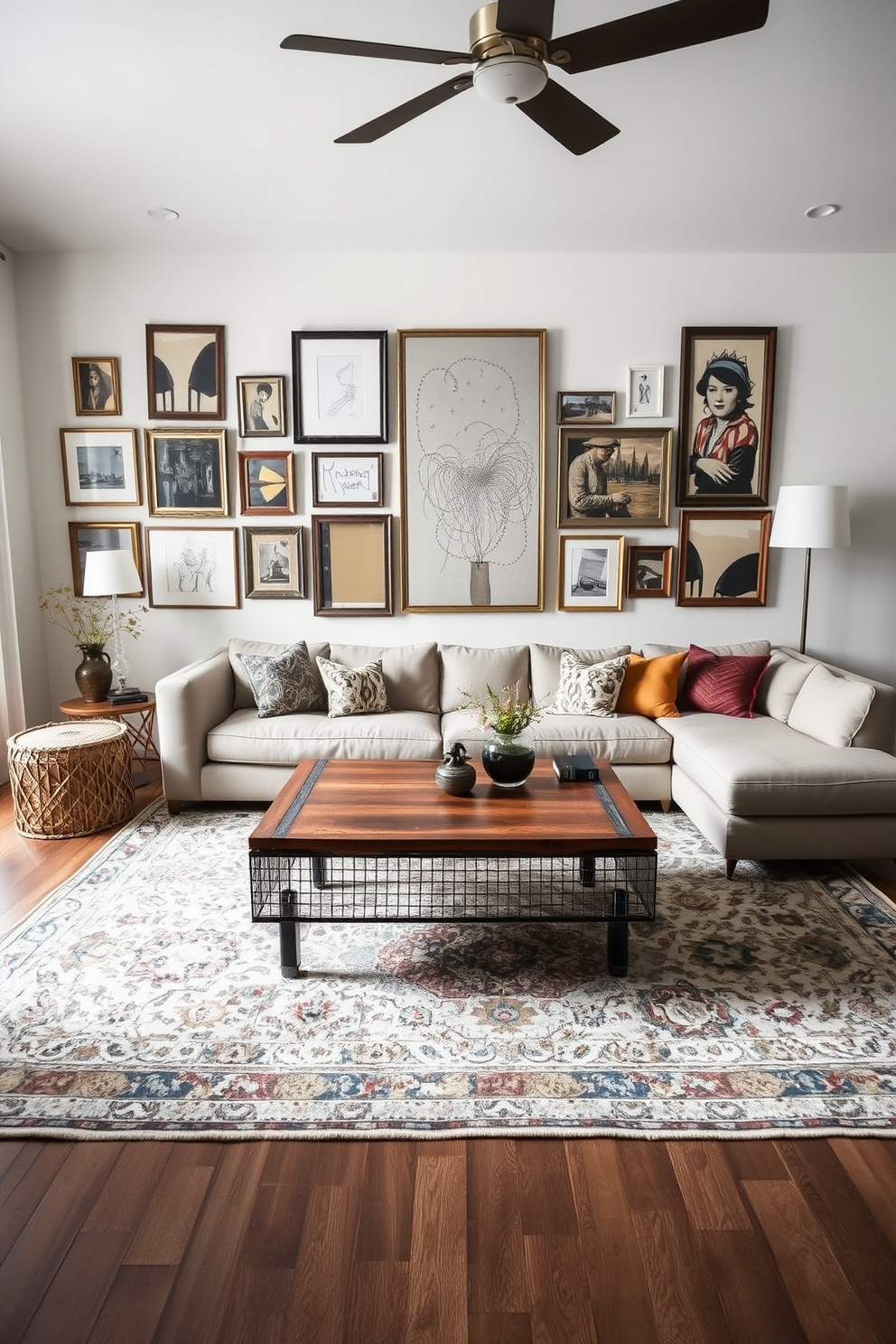 A modern family room that seamlessly blends vintage and contemporary styles. The space features a plush sectional sofa in a neutral tone paired with a reclaimed wood coffee table. On the walls, a gallery of eclectic artwork combines modern abstracts with vintage frames. A vintage rug anchors the room, adding warmth to the sleek, contemporary furnishings.