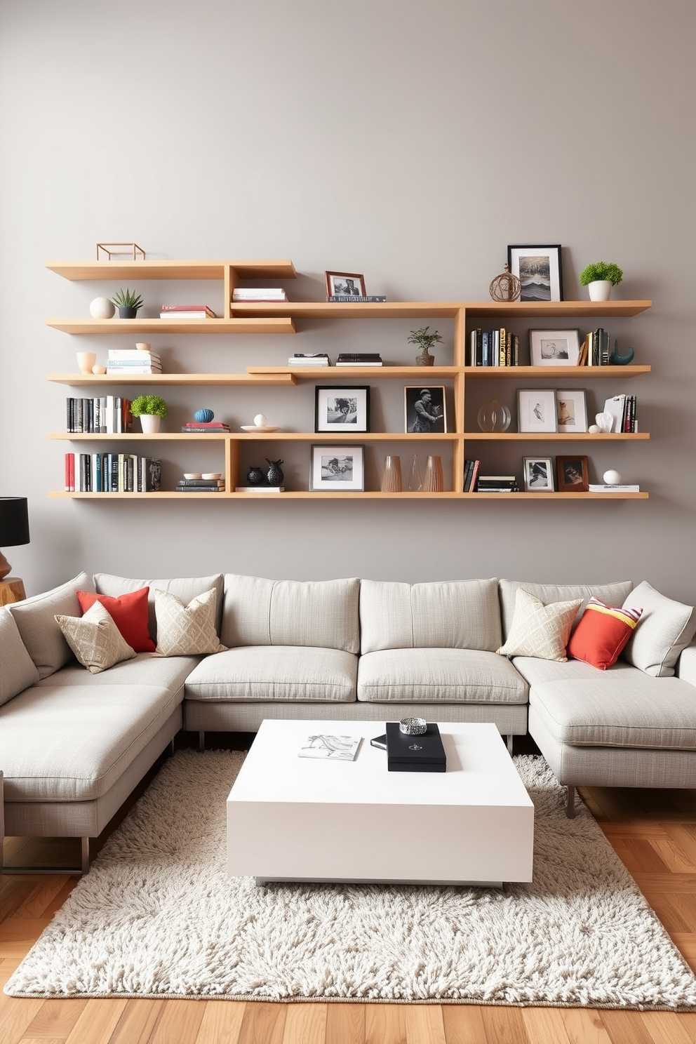 A modern family room featuring wall-mounted shelves for display and storage. The shelves are crafted from light wood and are filled with books, decorative items, and family photos, creating a personalized touch. The seating area includes a large sectional sofa in a neutral fabric, complemented by colorful throw pillows. A sleek coffee table sits in the center, surrounded by a cozy area rug that adds warmth to the space.