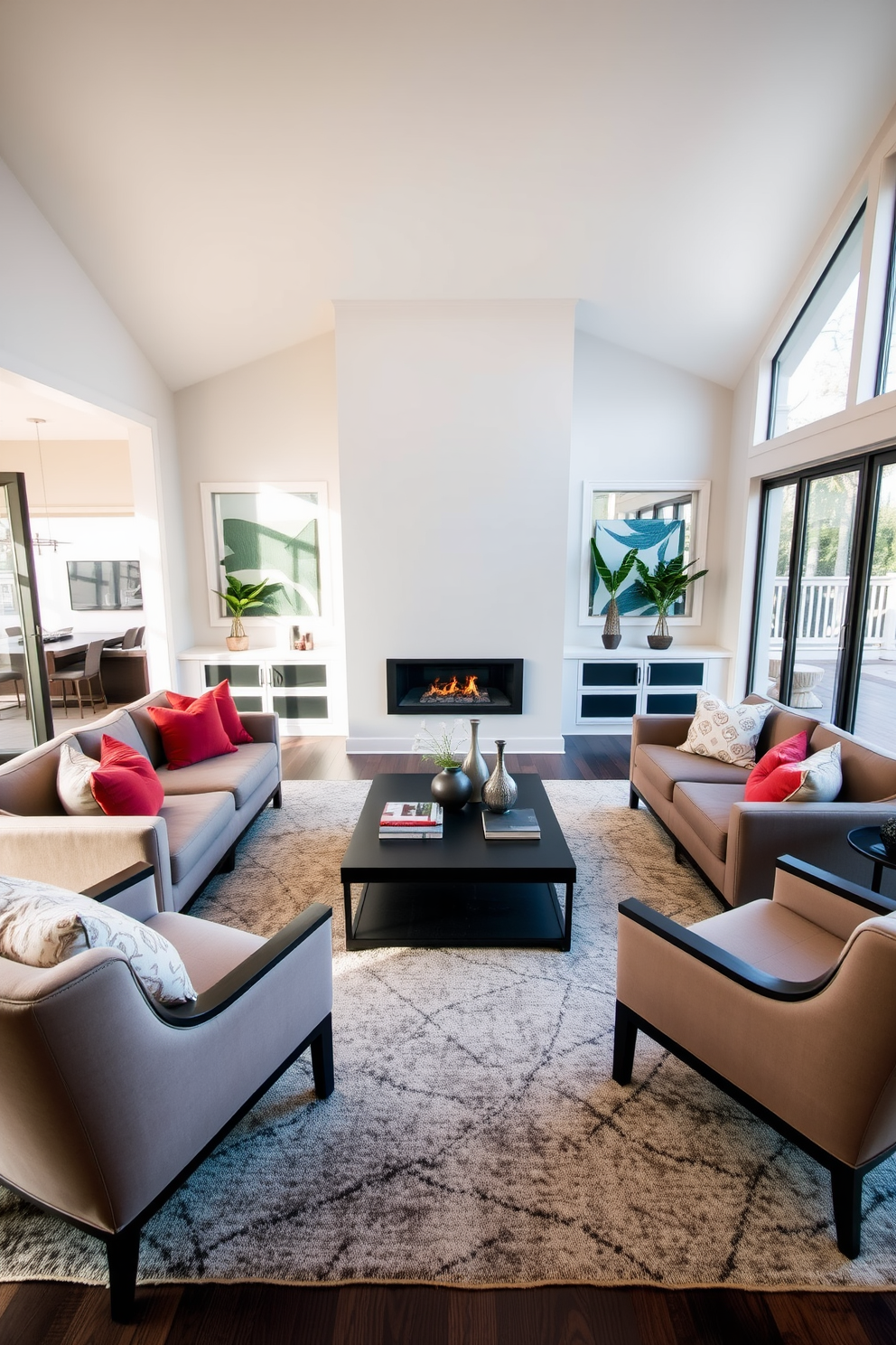 A modern family room features a sleek fireplace as the focal point, surrounded by comfortable seating options including a plush sectional sofa and stylish armchairs. The room is adorned with a neutral color palette, accented by vibrant throw pillows and a large area rug that ties the space together. Large windows allow natural light to flood the room, creating a warm and inviting atmosphere. A contemporary coffee table sits in the center, complemented by decorative books and a few carefully chosen accessories that enhance the overall design.