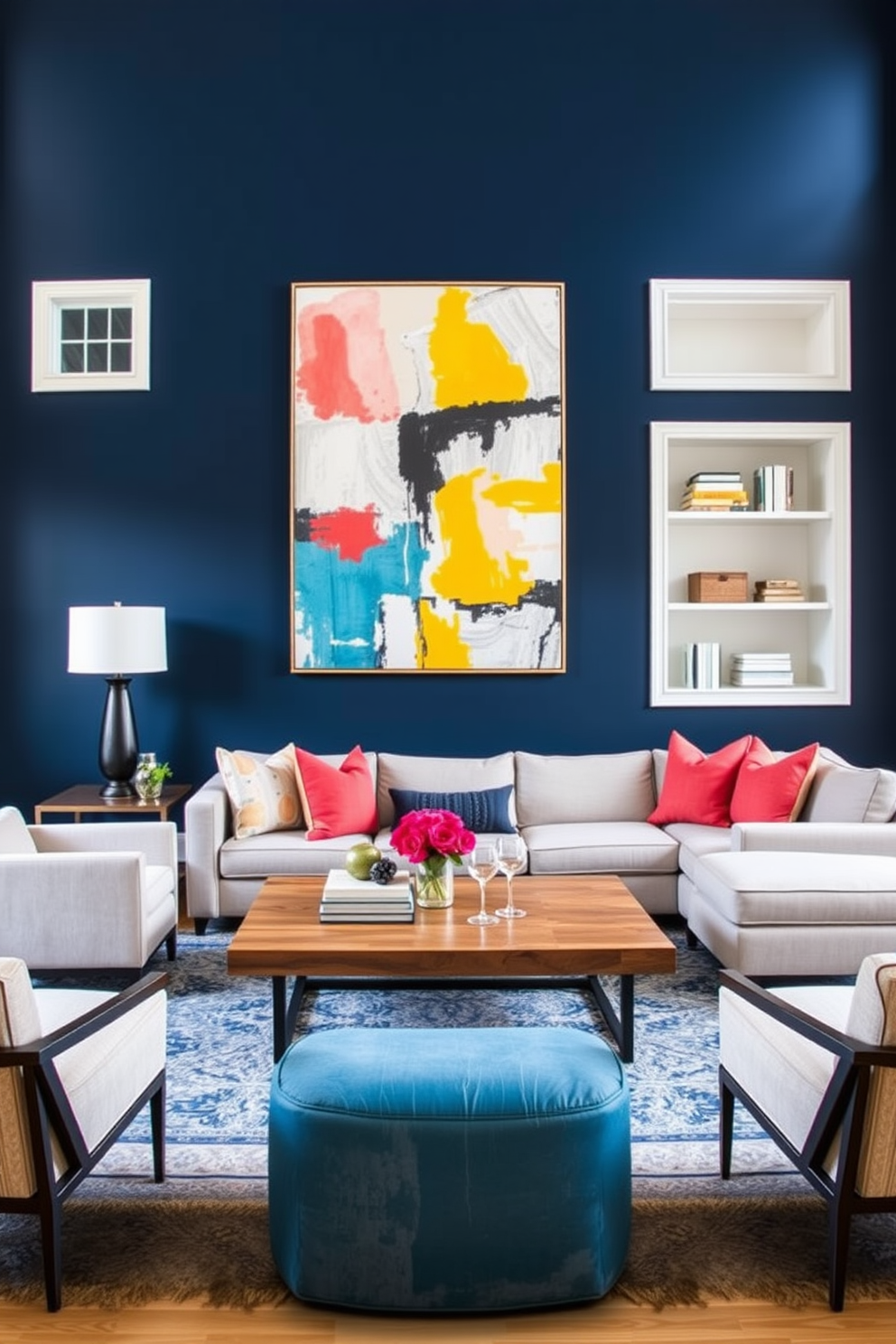 A bold accent wall painted in deep navy blue serves as the backdrop for a contemporary family room. The wall is adorned with an oversized abstract painting that adds a pop of color and personality to the space. The seating area features a large, plush sectional sofa in a light gray fabric, complemented by vibrant throw pillows. A sleek coffee table made of reclaimed wood sits at the center, surrounded by stylish accent chairs that enhance the modern aesthetic.