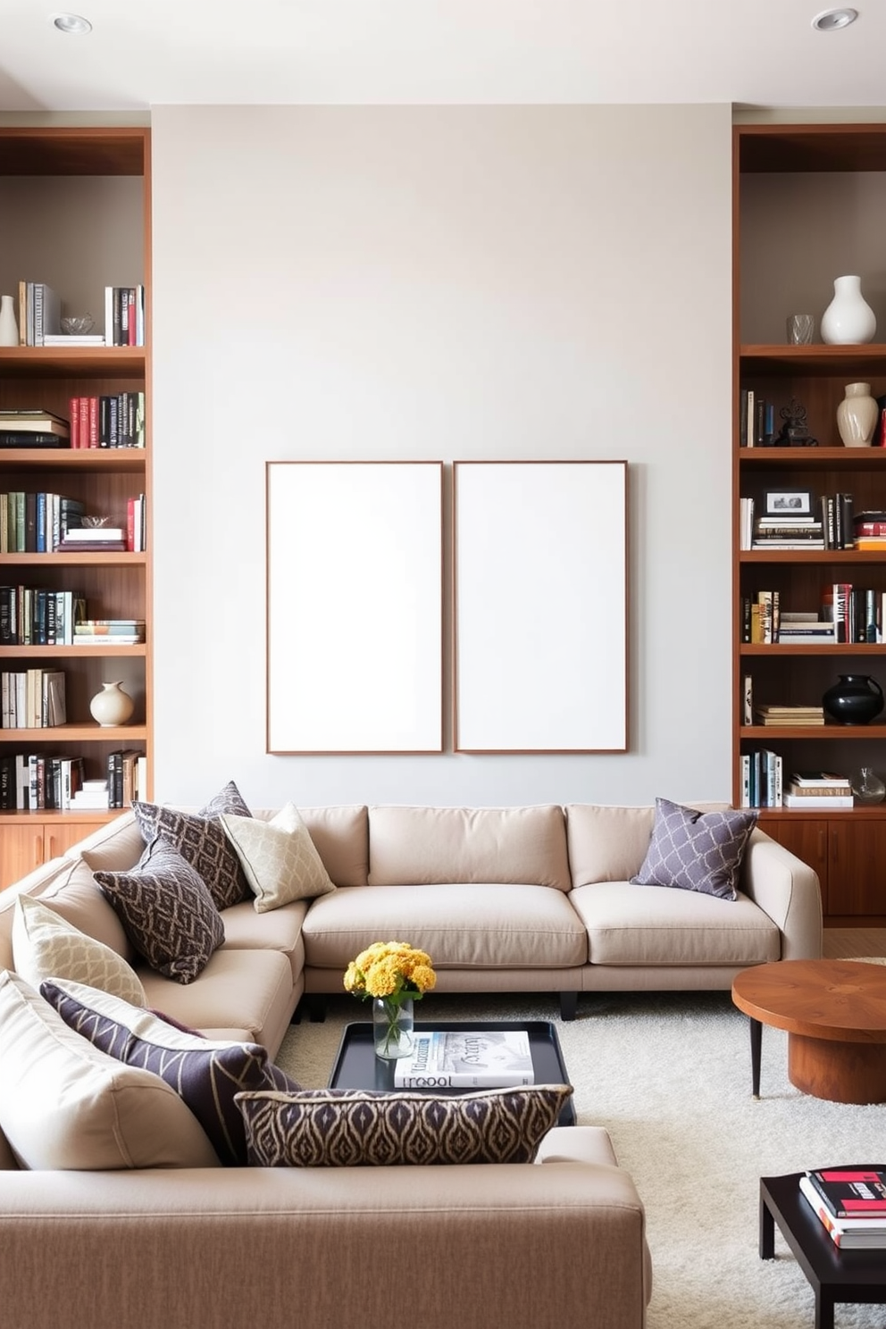 A modern family room featuring open shelving that showcases a curated collection of books and decorative items. The walls are painted in a soft gray hue, and a plush sectional sofa is positioned for comfort and style.