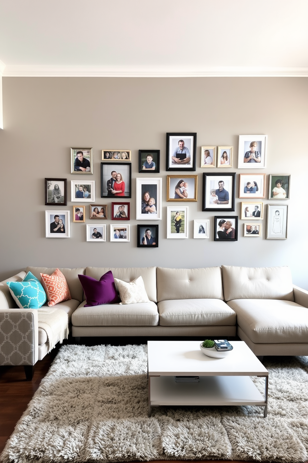 A personalized gallery wall featuring a collection of family photos in various frames is the focal point of the room. The wall is painted in a soft gray, creating a warm backdrop for the cherished memories. The modern family room is designed with a comfortable sectional sofa in a neutral fabric, complemented by colorful throw pillows. A sleek coffee table sits in the center, surrounded by a plush area rug that adds texture to the space.