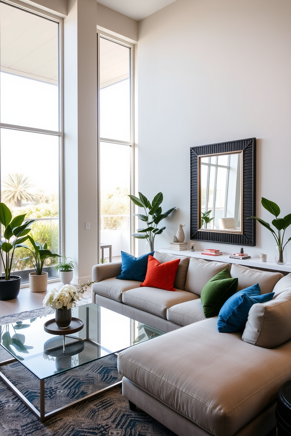 A modern family room featuring large floor-to-ceiling windows that let in natural light. The room includes a plush sectional sofa in a neutral color, accented by vibrant throw pillows and a sleek glass coffee table. On one wall, a statement mirror reflects the light and creates an illusion of more space. The decor includes a combination of contemporary art pieces and indoor plants for a fresh, inviting atmosphere.