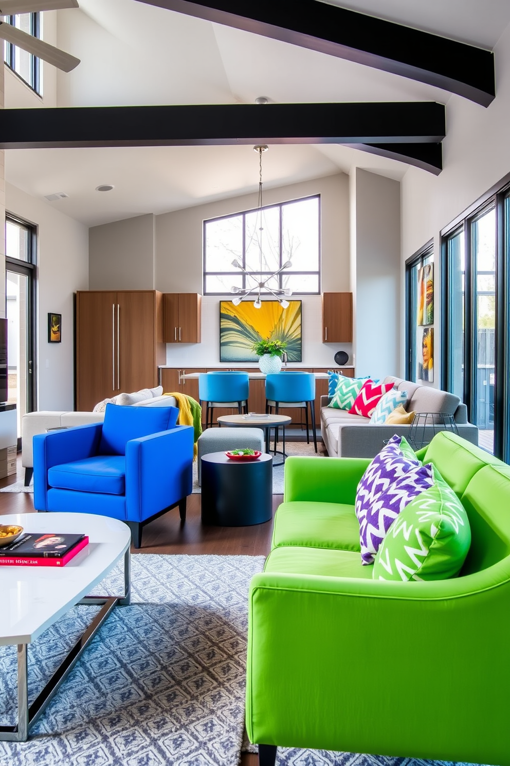 Bright accent chairs in vibrant hues add a playful touch to the modern family room. The room features an open layout with a cozy sectional sofa, a sleek coffee table, and large windows that invite natural light.