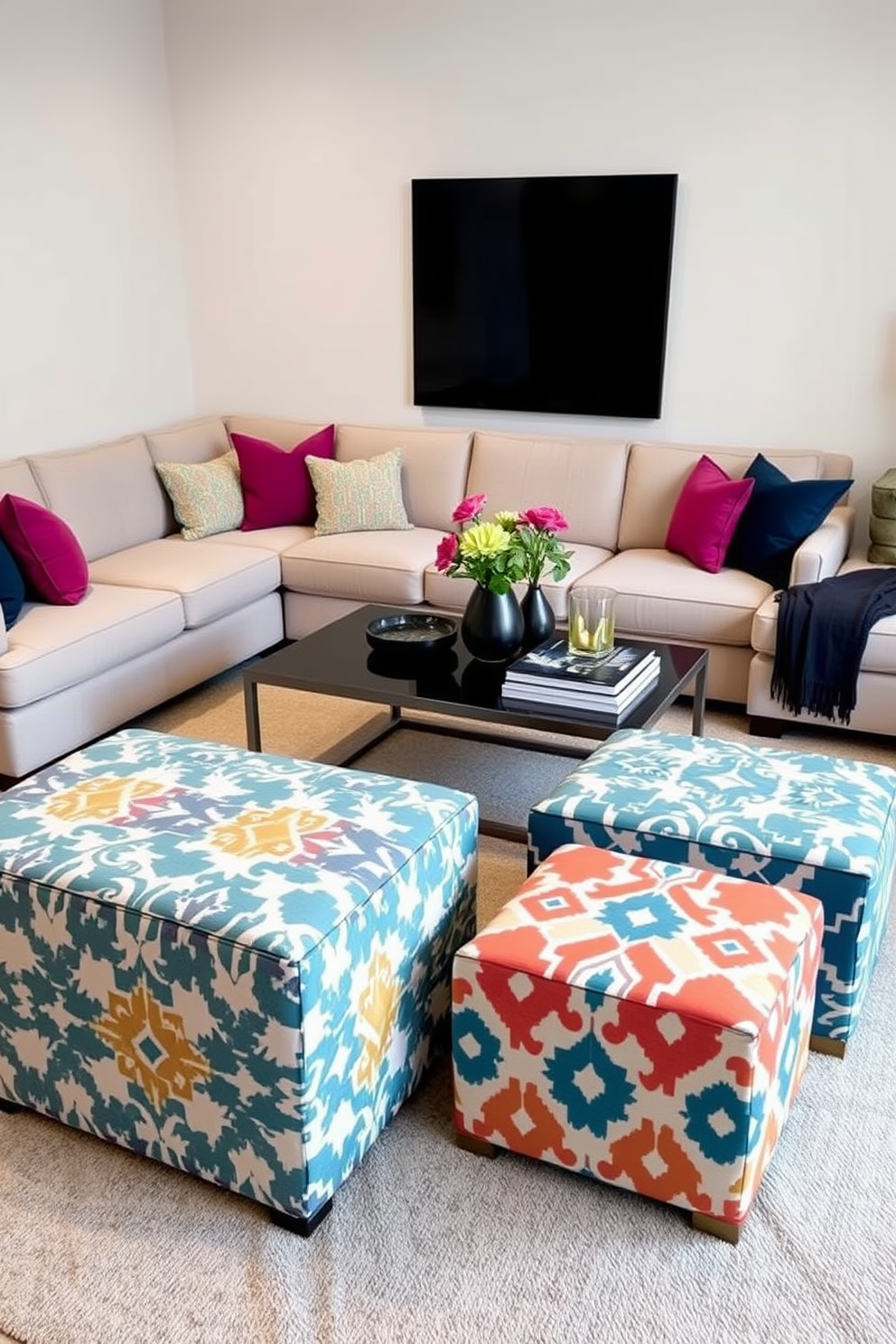 Stylish ottomans for extra seating in a modern family room. The room features a large sectional sofa in a neutral color, complemented by vibrant accent pillows and a sleek coffee table. The ottomans are upholstered in a bold geometric fabric, adding a pop of color and texture. They are arranged around the coffee table, creating an inviting space for relaxation and conversation.