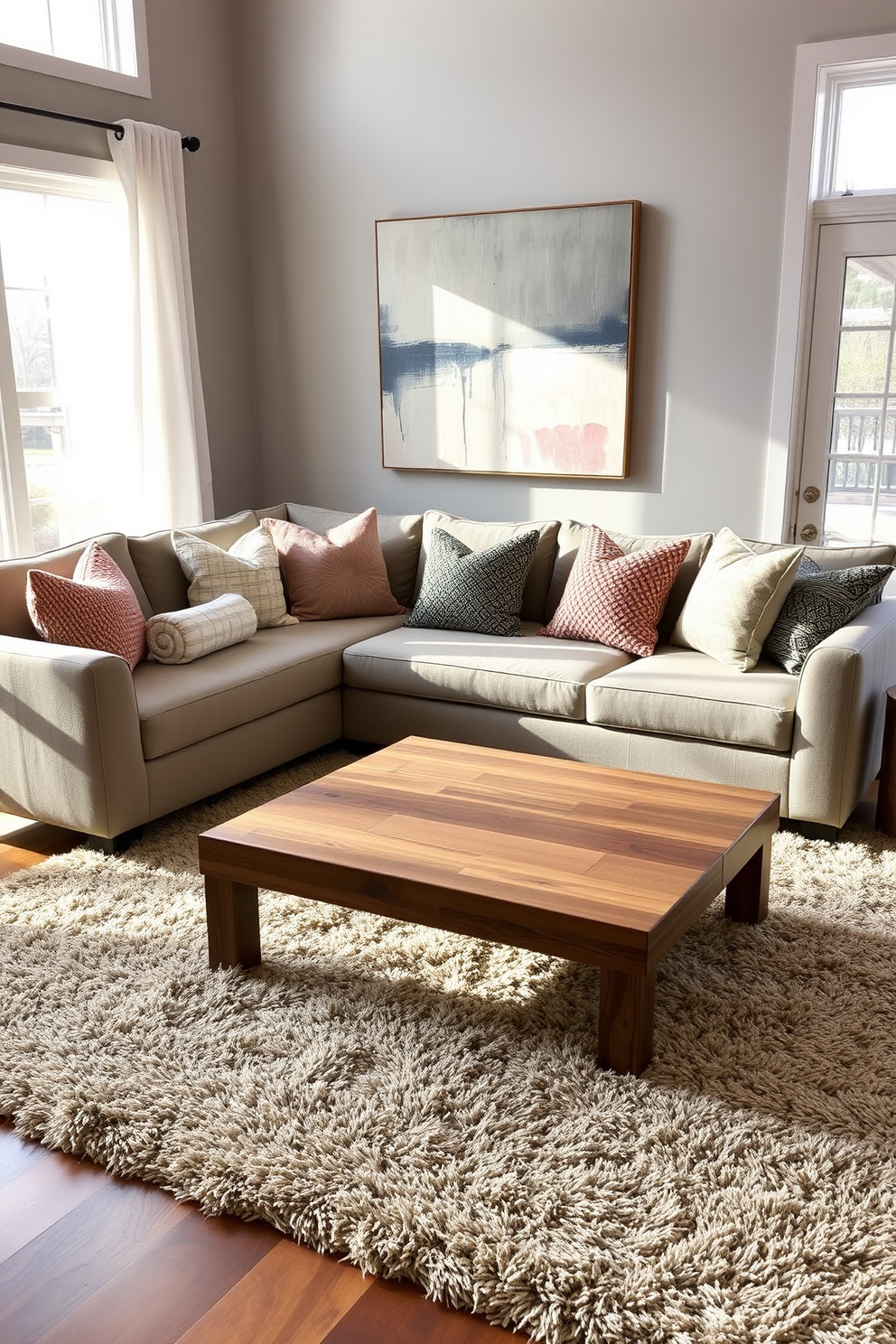 A modern family room featuring a cozy sectional sofa adorned with various textured throw pillows. The walls are painted in a soft gray, complemented by a large abstract artwork that adds a pop of color. A sleek coffee table made of reclaimed wood sits atop a plush area rug, creating a warm focal point. Large windows allow natural light to flood the space, with sheer curtains that gently diffuse the sunlight.