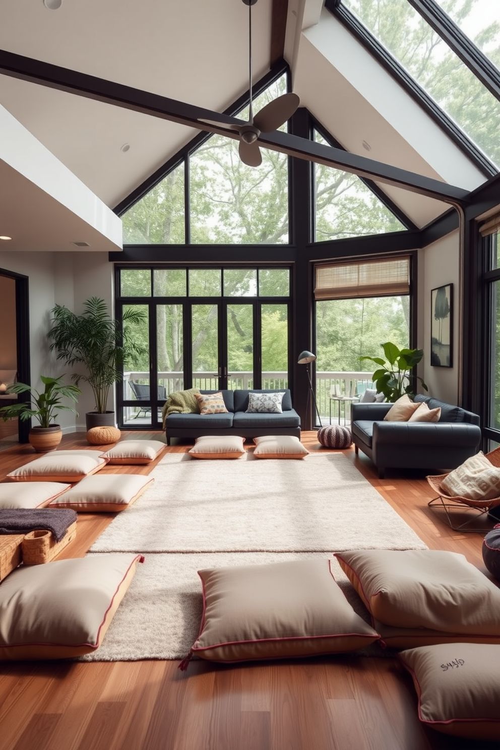 A modern family room featuring comfortable floor cushions arranged for casual seating. The room is filled with natural light from large windows, and a soft area rug anchors the space.