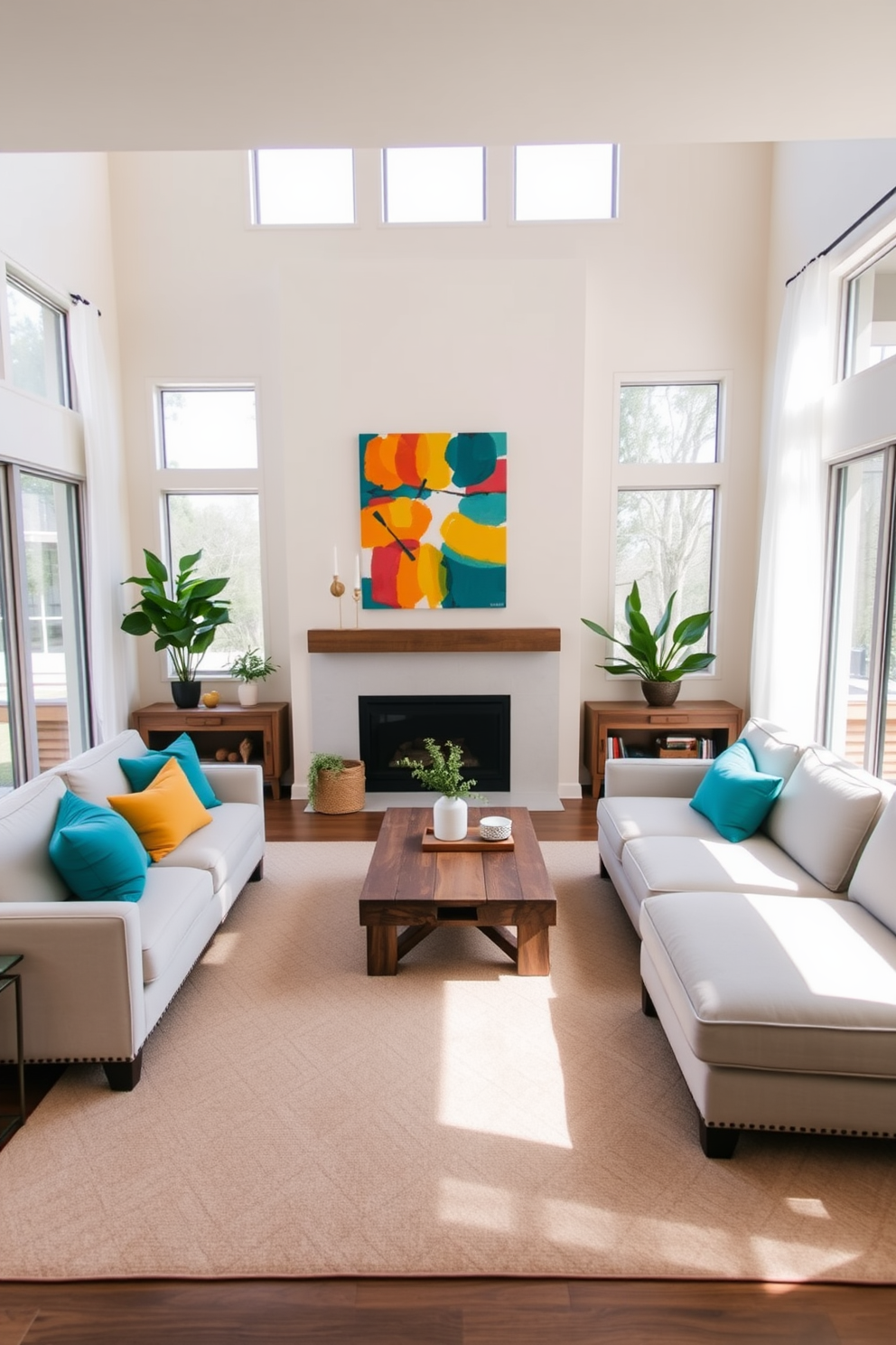 A modern family room featuring a neutral palette with soft beige walls and a light gray sectional sofa. Brightly colored throw pillows in shades of teal and mustard add a pop of color, while a vibrant abstract painting hangs above the fireplace. The room includes a stylish coffee table made of reclaimed wood, surrounded by a cozy area rug in muted tones. Floor-to-ceiling windows allow natural light to flood the space, complemented by sheer white curtains that gently filter the sunlight.