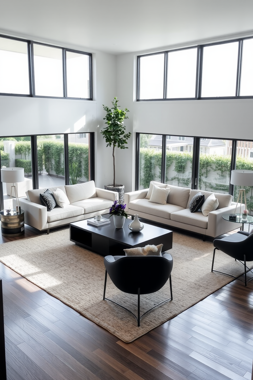 A modern family room featuring sleek furniture with clean lines. The space includes a low-profile sectional sofa in a neutral color, paired with a minimalist coffee table and accent chairs that emphasize simplicity and functionality. Large windows allow natural light to flood the room, highlighting the open layout. A contemporary area rug anchors the seating arrangement, while decorative pillows add a pop of color and texture.