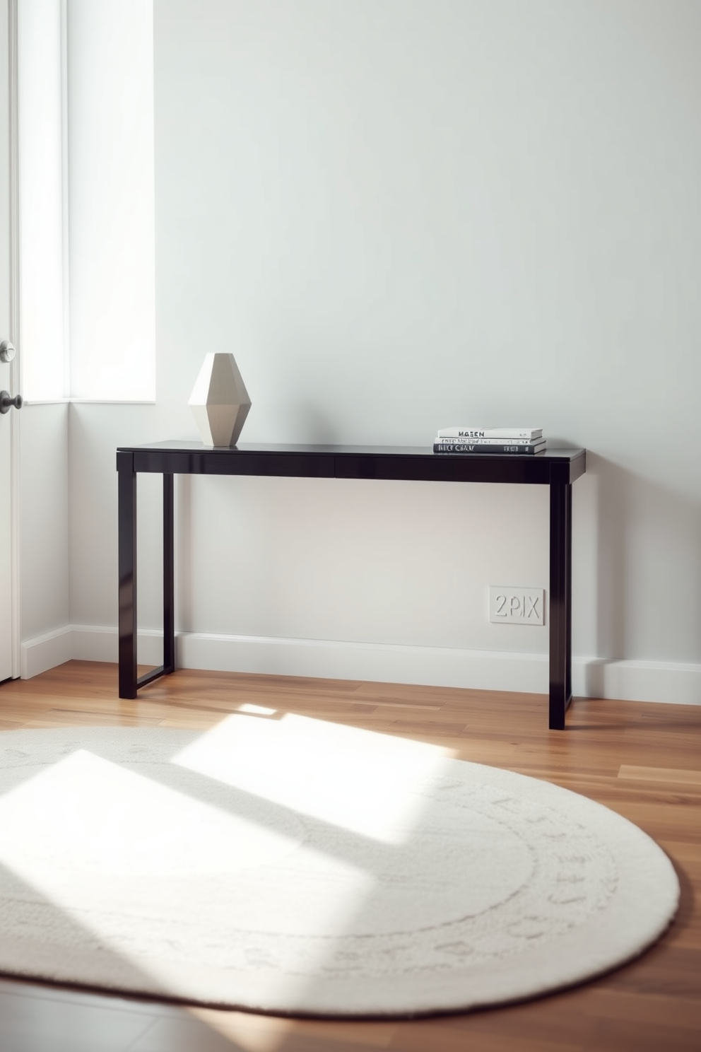 A sleek console table is positioned against a light gray wall, featuring clean lines and a polished finish. Minimalist decor accents the table, including a simple geometric vase and a few carefully arranged books. The foyer is illuminated by natural light streaming through a large window, highlighting the subtle textures of the space. A neutral-toned area rug anchors the design, adding warmth without overwhelming the minimalist aesthetic.