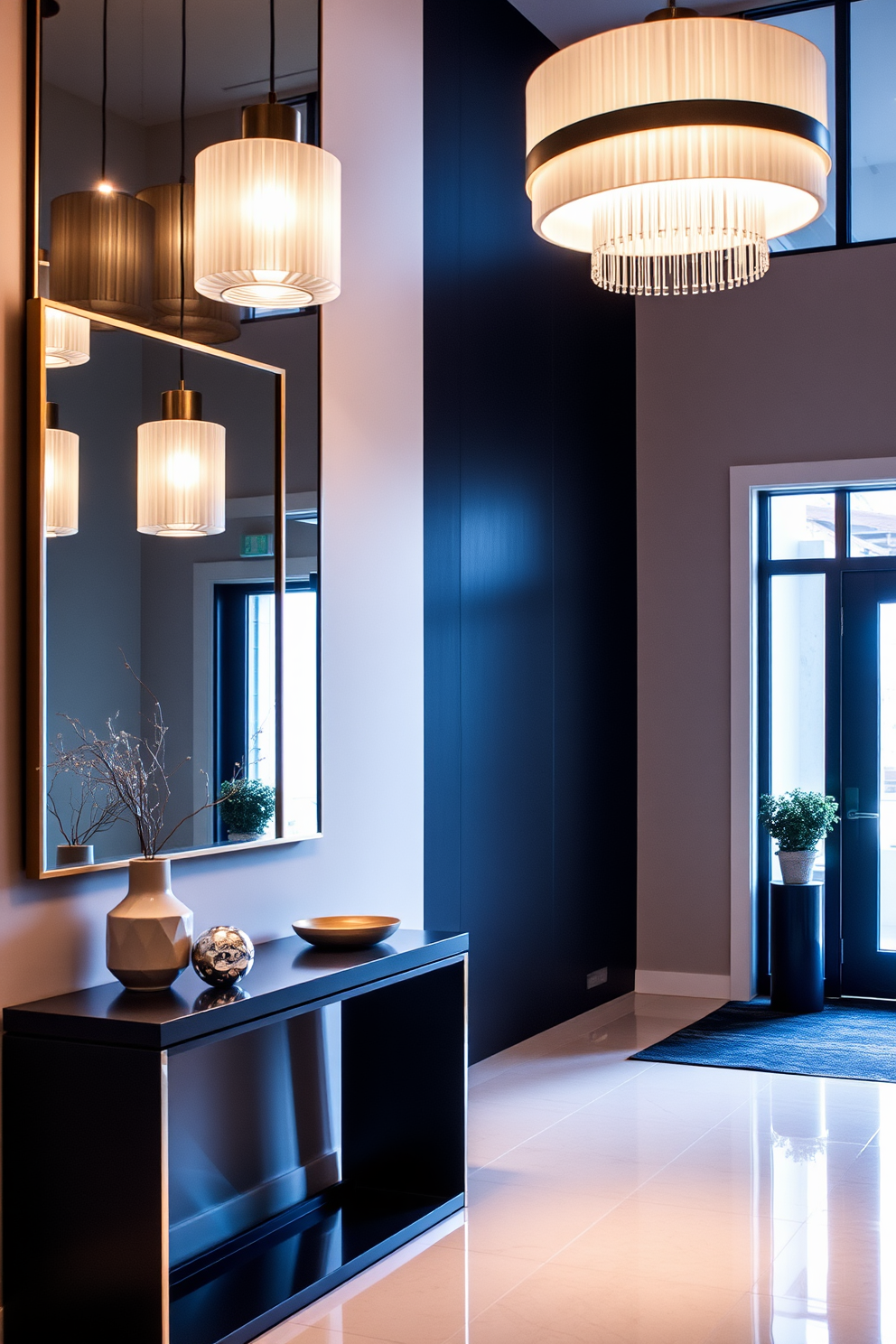 A modern foyer featuring layered lighting that enhances both ambiance and functionality. The space includes a sleek console table with decorative accents and a large mirror that reflects the light from stylish pendant fixtures overhead.