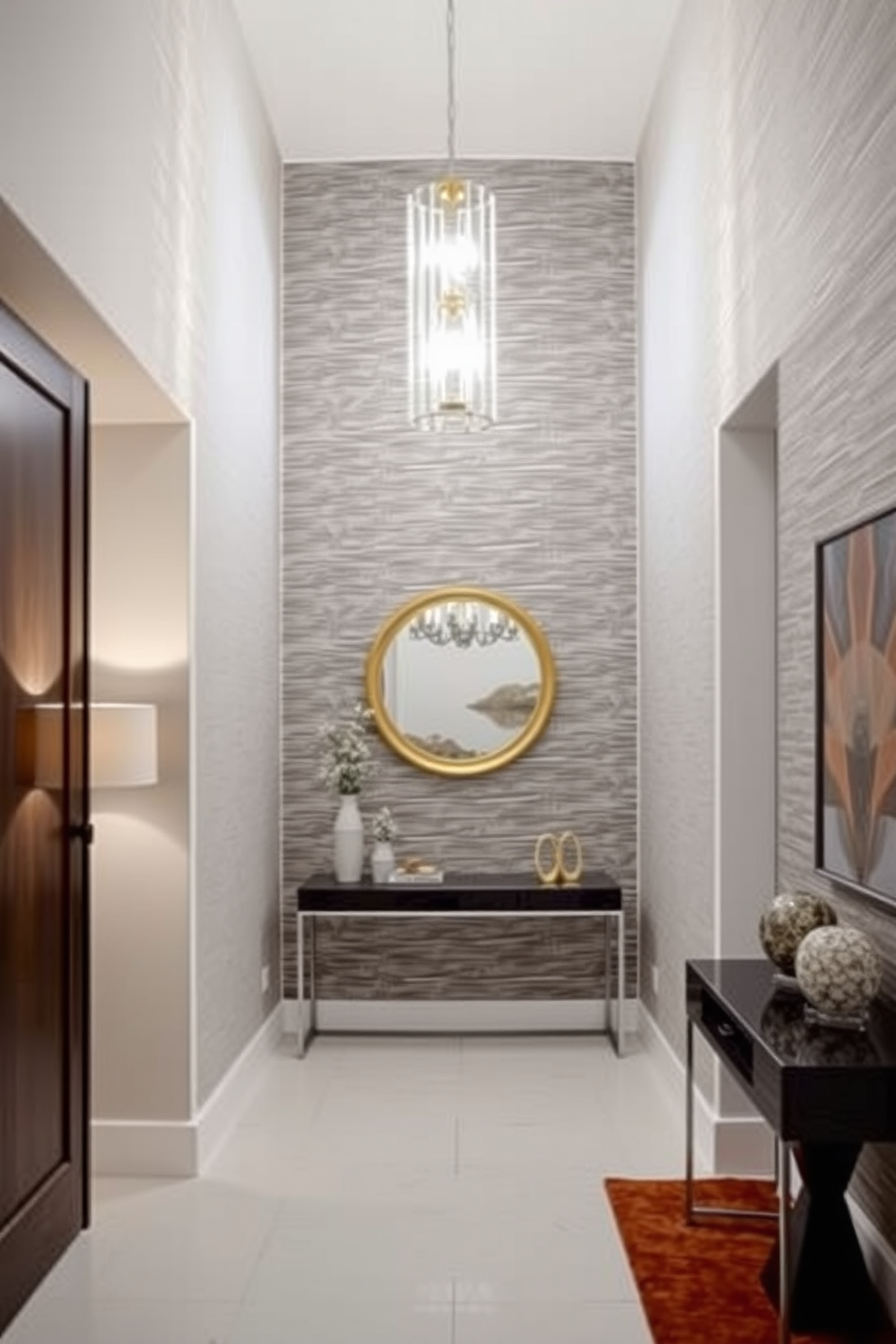 A modern foyer featuring textured wallpaper that adds visual depth to the space. The entrance is illuminated by a stylish chandelier, with a sleek console table against one wall adorned with decorative items.