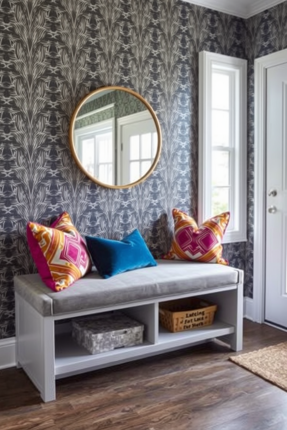 A stylish entryway features a sleek bench with hidden storage underneath. The bench is upholstered in a soft gray fabric, complemented by decorative pillows in vibrant colors. The walls are adorned with a statement wallpaper that adds texture and interest. A round mirror hangs above the bench, reflecting natural light from a nearby window.