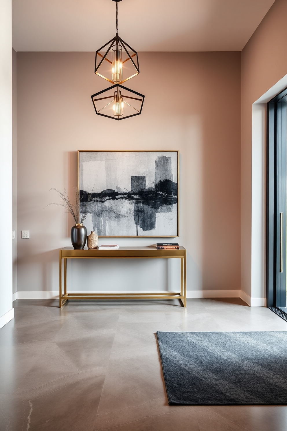 A modern foyer featuring sleek metallic accents that enhance the contemporary aesthetic. The space includes a minimalist console table with a brushed gold finish and a large abstract art piece above it. The flooring is a polished concrete with a subtle sheen, complemented by a stylish area rug. A striking pendant light with a geometric design hangs from the ceiling, casting a warm glow throughout the entrance.