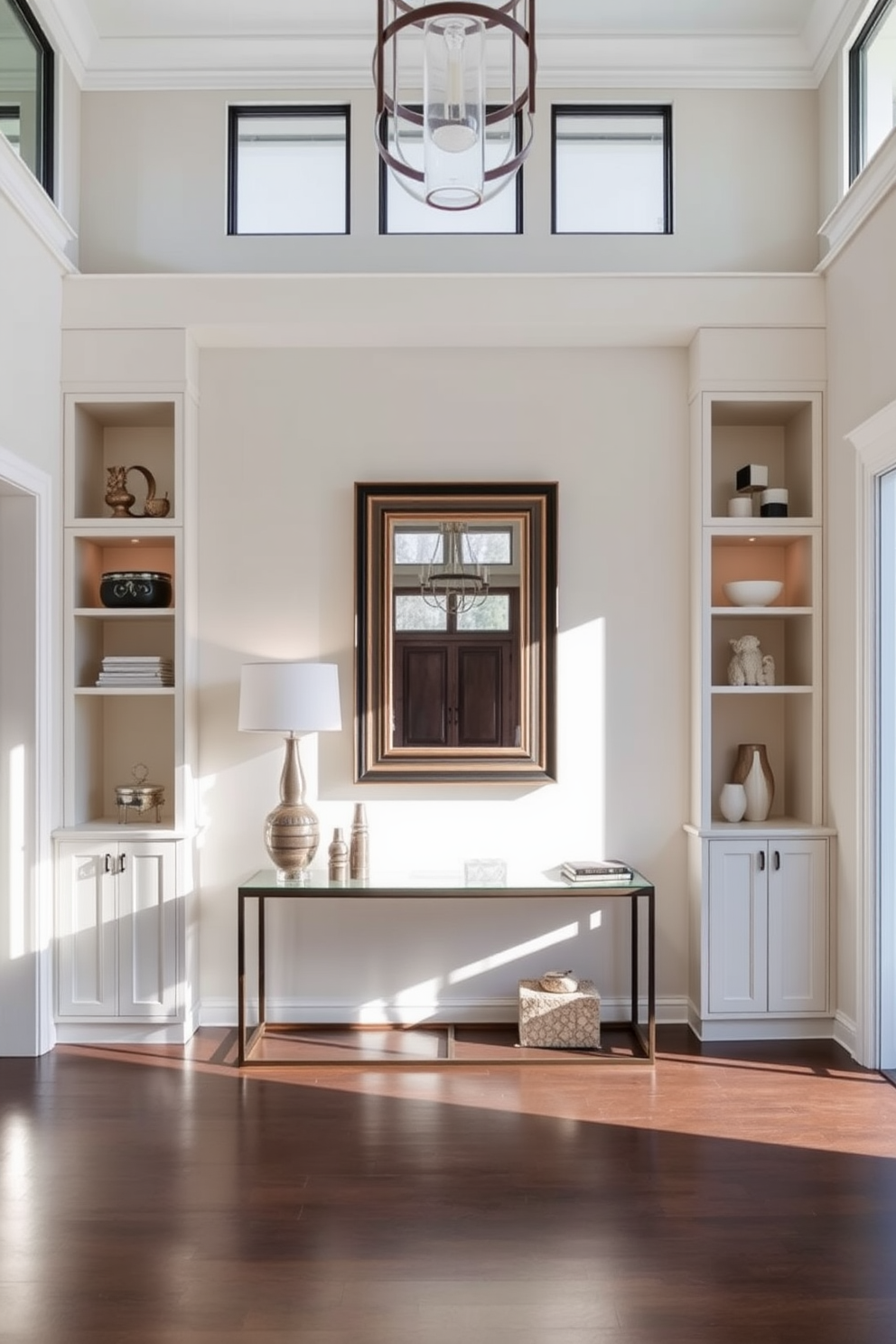 Custom built-ins for personalized style. The foyer features elegant custom cabinetry that blends seamlessly with the surrounding architecture, showcasing a mix of open shelving and closed storage. Modern foyer design ideas. A spacious entryway is illuminated by natural light streaming through large windows, with a sleek console table adorned with decorative items and a statement mirror above it.