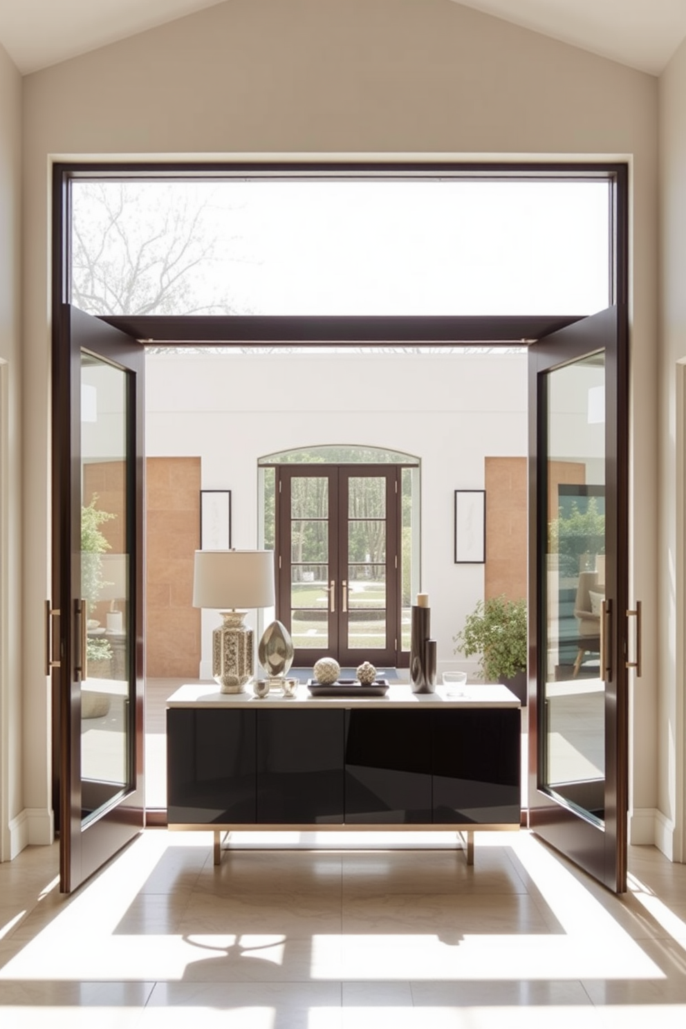 A modern foyer featuring glass doors that create an open and inviting atmosphere. The space is illuminated by natural light, highlighting a sleek console table adorned with decorative objects.