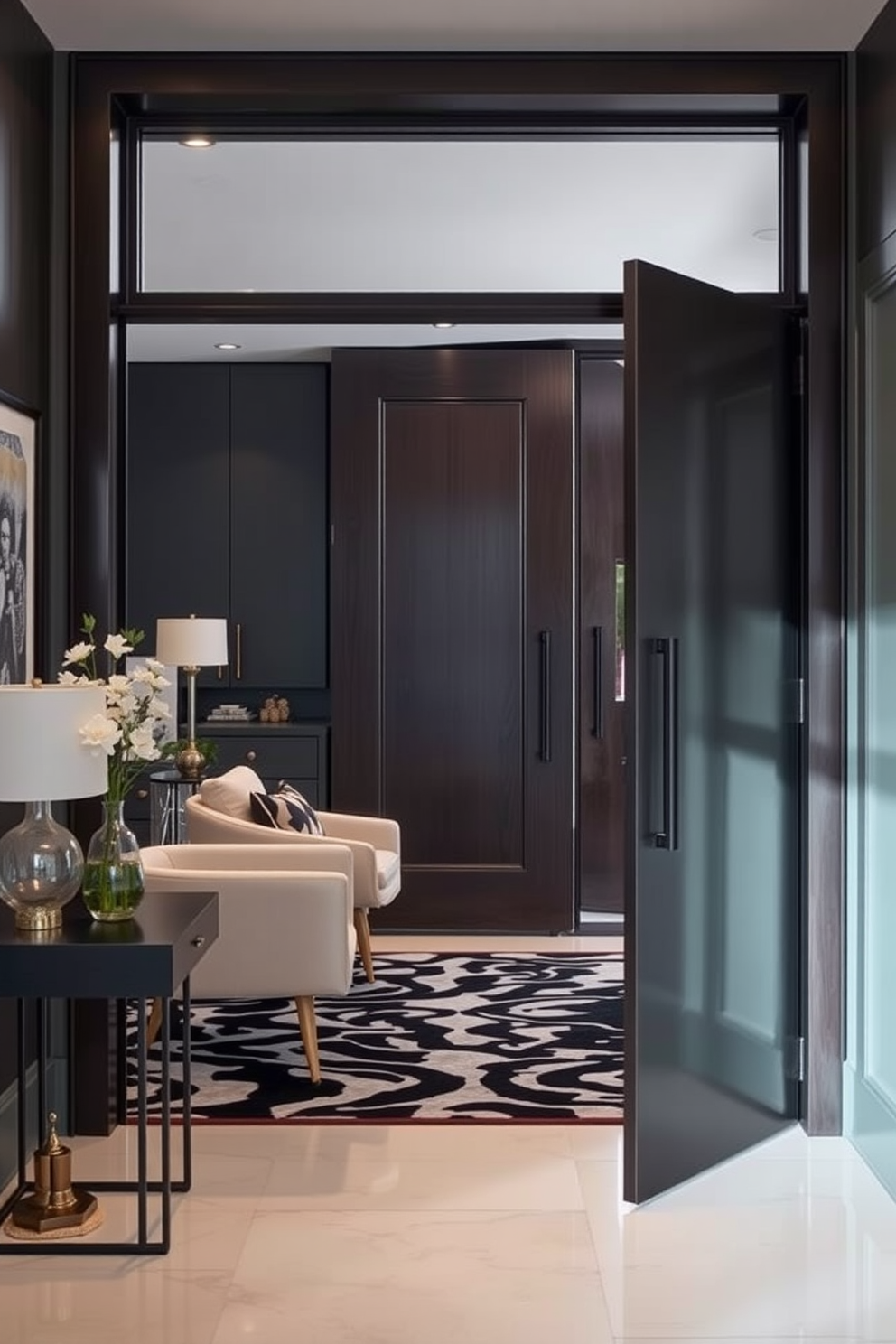 A striking foyer featuring an oversized front door with unique, artistic door hardware that serves as a focal point. The space is adorned with sleek lines and contemporary furnishings, complemented by a bold area rug that enhances the overall design.