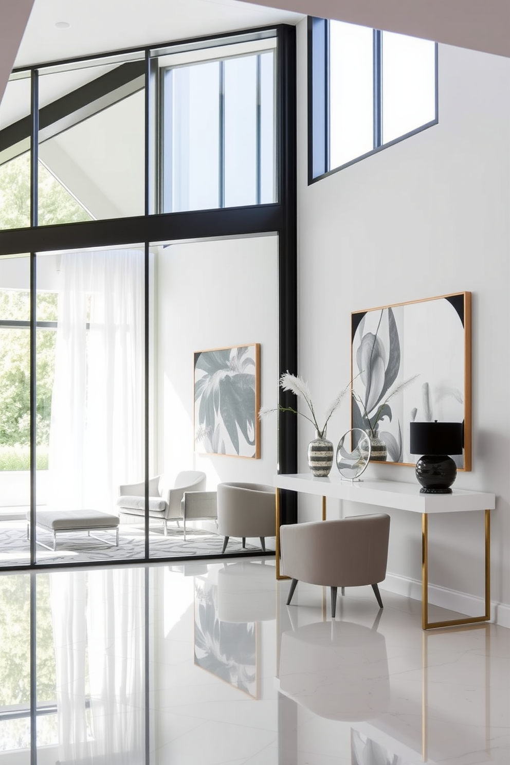 A modern foyer features an oversized mirror that reflects abundant natural light, creating a bright and welcoming atmosphere. The space is adorned with sleek furniture and a minimalist console table, complemented by decorative accessories that enhance its contemporary aesthetic.