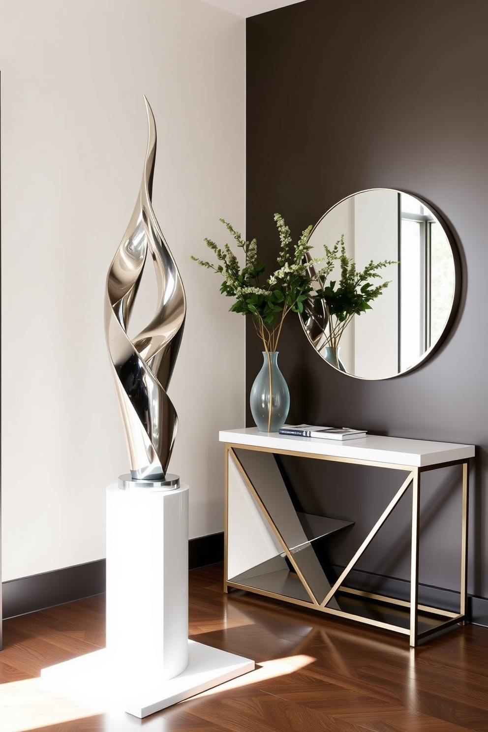 Artistic sculptures to elevate space. A striking abstract sculpture made of polished metal stands on a sleek white pedestal, creating a focal point in the room. Modern foyer design ideas. The foyer features a minimalist console table with a geometric design, complemented by a large round mirror that reflects natural light from the nearby window.