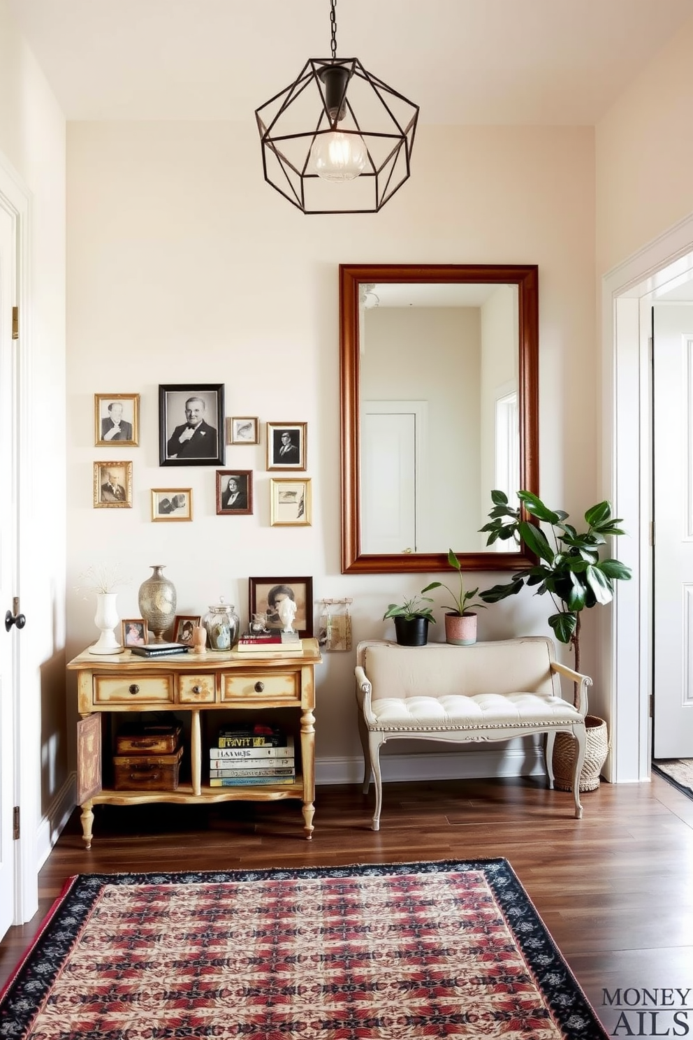 A vintage foyer filled with eclectic charm. An antique console table with a weathered finish sits against the wall, adorned with an assortment of quirky decorative items and framed vintage photographs. The walls are painted in a soft pastel hue, creating a warm and inviting atmosphere. A patterned area rug lies on the floor, complemented by a unique chandelier that adds a touch of whimsy to the space. A modern foyer that showcases sleek lines and minimalist decor. A large statement mirror hangs above a simple yet elegant bench, while potted plants add a refreshing touch of greenery. The color palette features neutral tones with bold accents, creating a striking contrast. A geometric light fixture illuminates the area, enhancing the contemporary feel of the design.