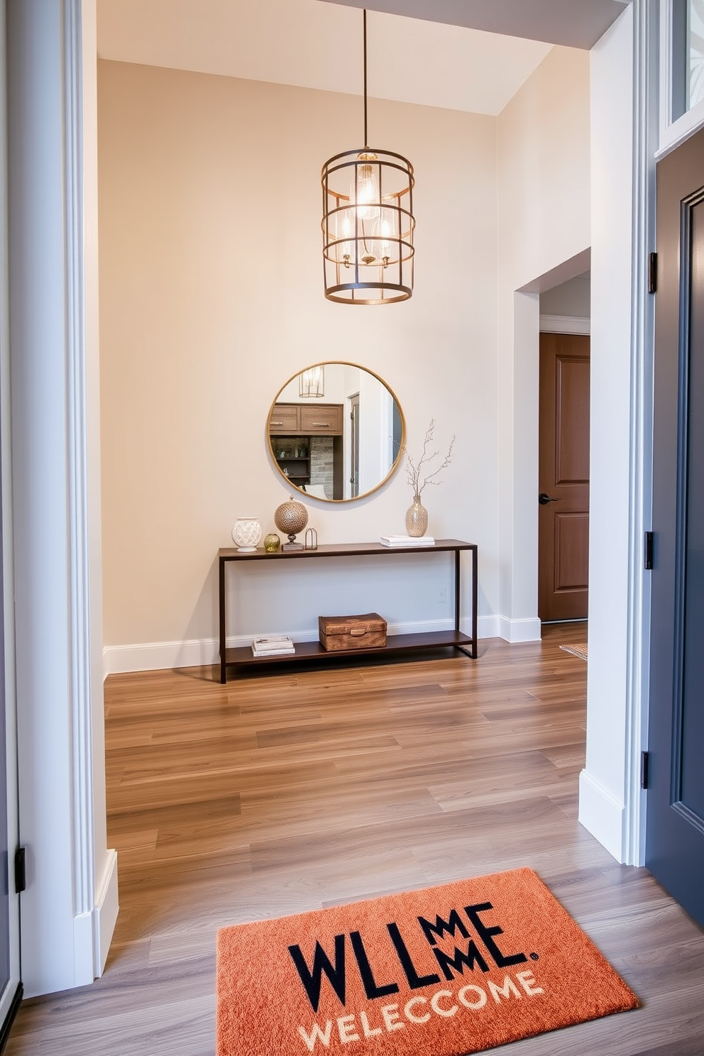 A welcoming doormat with personality greets guests at the entrance of a stylish foyer. The mat features a playful design that reflects the homeowner's unique taste and adds a touch of warmth to the space. The foyer boasts a modern aesthetic with sleek lines and a minimalist color palette. A statement light fixture hangs from the ceiling, illuminating the area and highlighting a contemporary console table adorned with decorative accents.