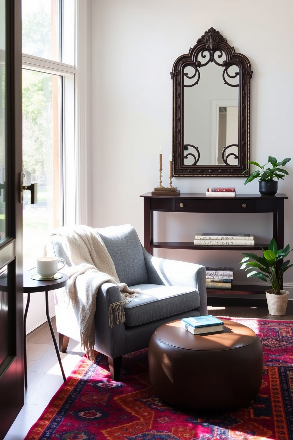 A cozy accent chair upholstered in soft gray fabric is positioned in a sunlit corner, inviting guests to relax and unwind. A plush throw blanket drapes over one arm, while a small side table holds a steaming cup of tea and a stack of books. The foyer features a sleek console table made of dark wood, topped with a decorative mirror that reflects natural light. A vibrant area rug in rich hues anchors the space, while a potted plant adds a touch of greenery and warmth.