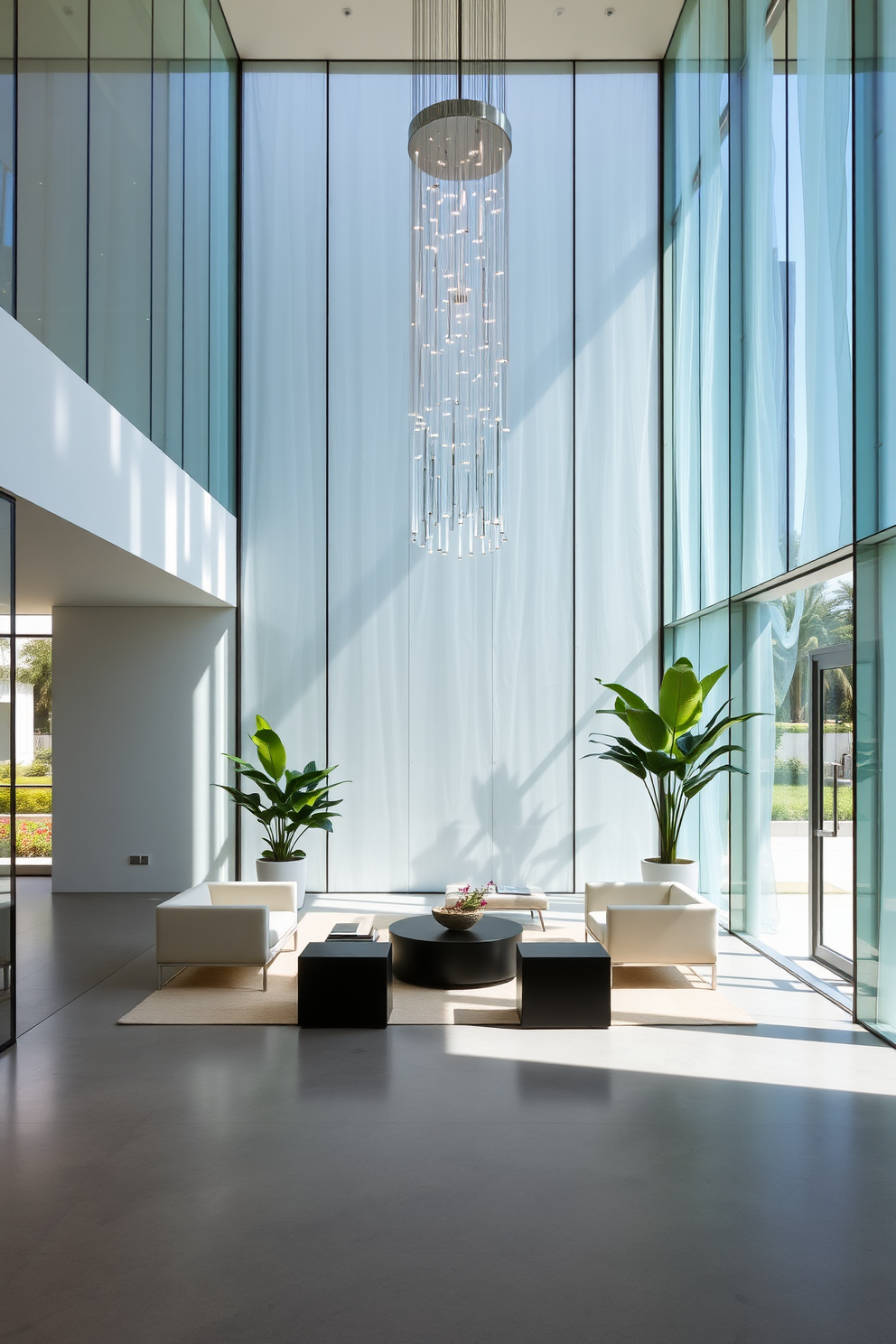 A modern foyer featuring translucent glass panels that allow natural light to filter through while creating a sense of openness. The flooring is a sleek polished concrete, complemented by minimalist furniture pieces in neutral tones. A statement chandelier made of clear acrylic hangs from the ceiling, casting soft shadows on the walls. Potted greenery is strategically placed to enhance the welcoming atmosphere without overwhelming the space.