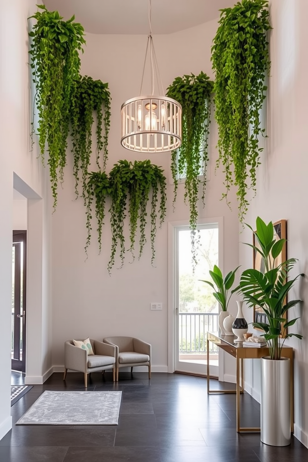 A modern foyer featuring cascading plants that create vertical interest. The space is adorned with sleek furniture and a statement light fixture that complements the greenery. The walls are painted in a soft neutral tone, enhancing the natural light that floods the area. A stylish console table sits against the wall, adorned with decorative objects and a mirror that reflects the lush plants.