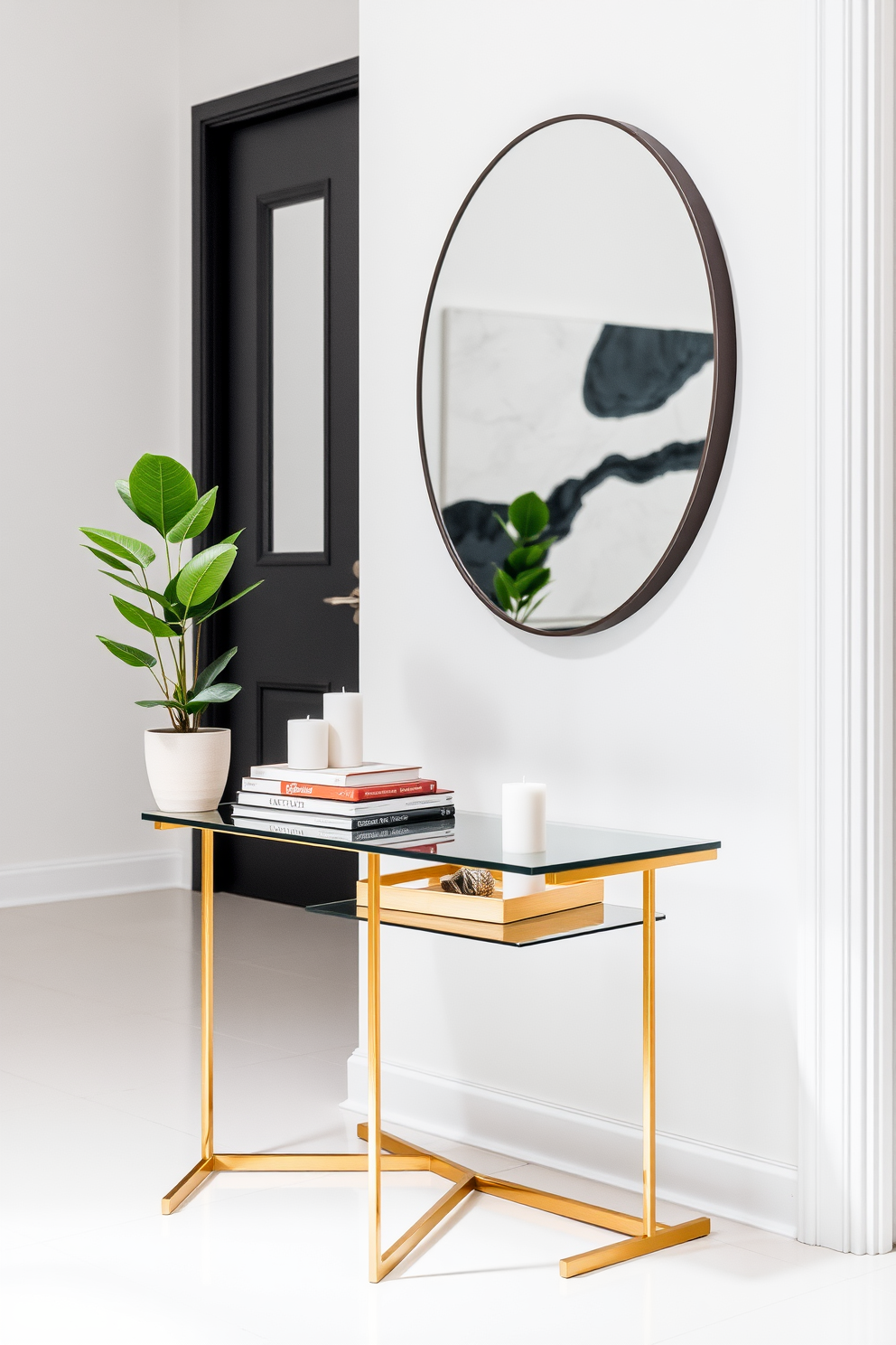 A stylish side table for decorative items features a sleek design with a glass top and gold metal legs. It is adorned with a small potted plant, a stack of art books, and a decorative tray holding candles. Modern foyer design ideas include a spacious entryway with a minimalist console table and a large round mirror above it. The walls are painted in a soft white, and a bold piece of abstract art adds a pop of color to the space.