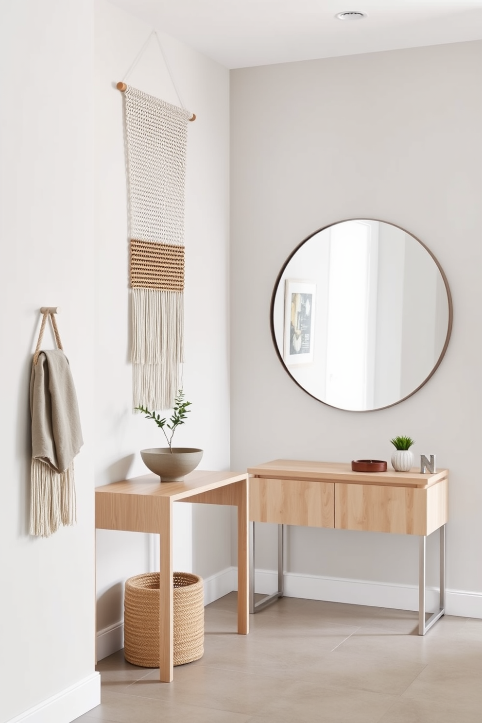 A modern foyer featuring a neutral color palette that creates a serene and inviting atmosphere. The walls are adorned with textured accents such as a woven wall hanging and a subtle geometric pattern. A sleek console table in light wood sits against the wall, topped with a decorative bowl and a small potted plant. A large round mirror with a minimalist frame reflects natural light, enhancing the spacious feel of the foyer.