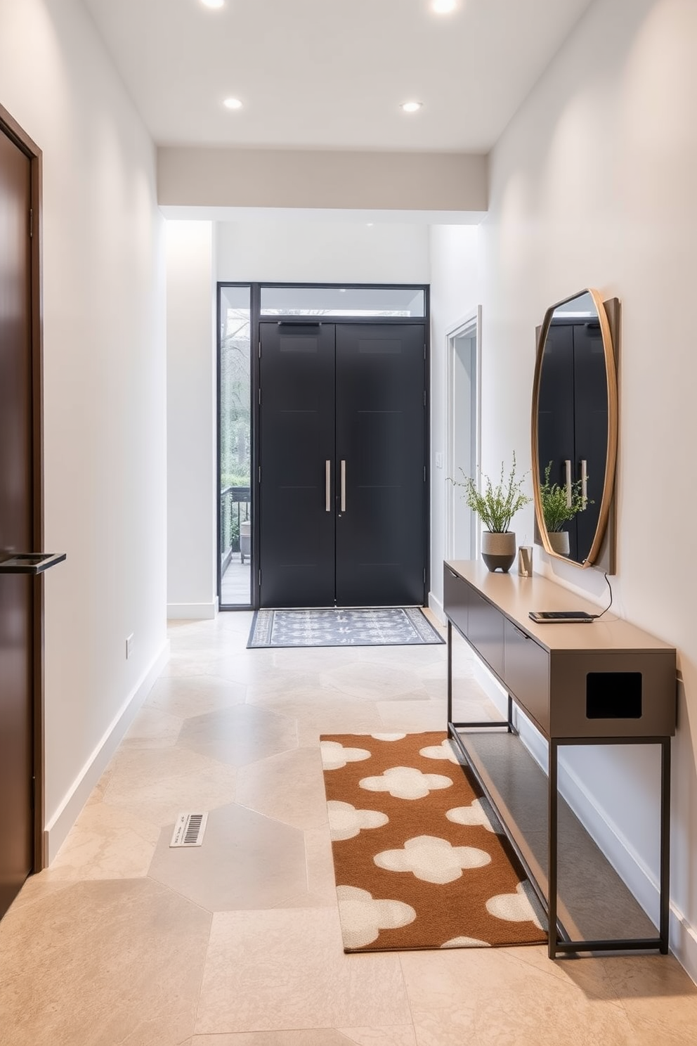 A modern foyer featuring sleek lines and smart technology integration. The entryway includes a touchless smart lock, automated lighting, and a digital display for home management. The flooring is a polished concrete with a geometric area rug for warmth. A minimalist console table with a built-in charging station sits against the wall, complemented by a large mirror that enhances the space.