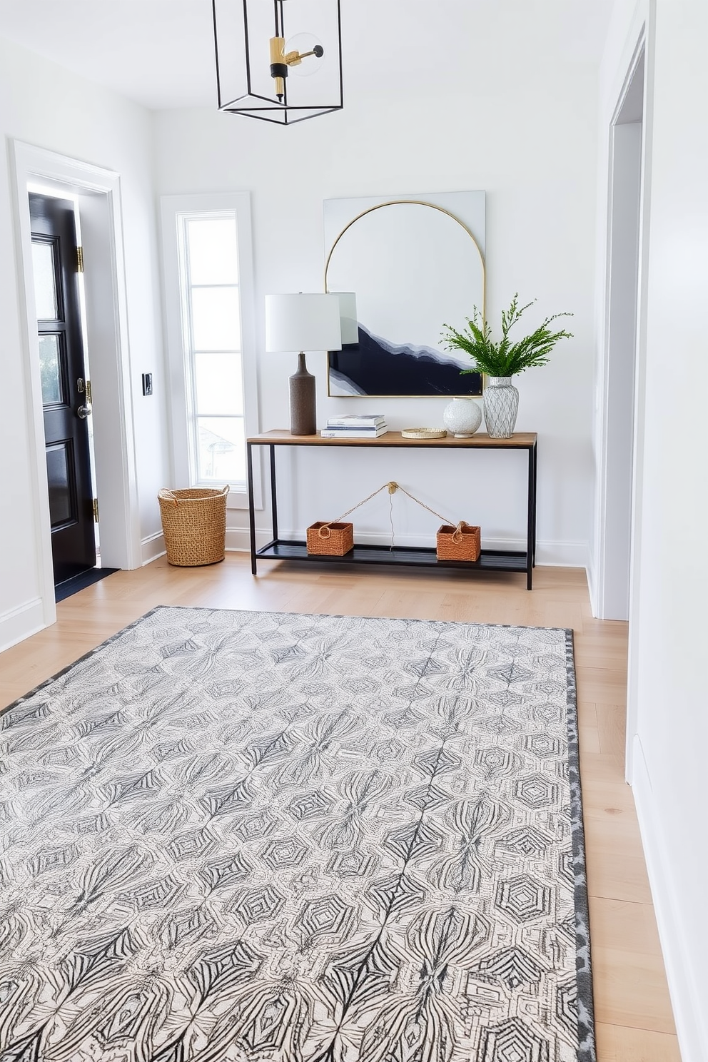 A modern foyer features a geometric patterned area rug that adds visual interest and texture to the space. The walls are painted in a crisp white, complemented by a sleek console table adorned with decorative objects and a stylish mirror above it.