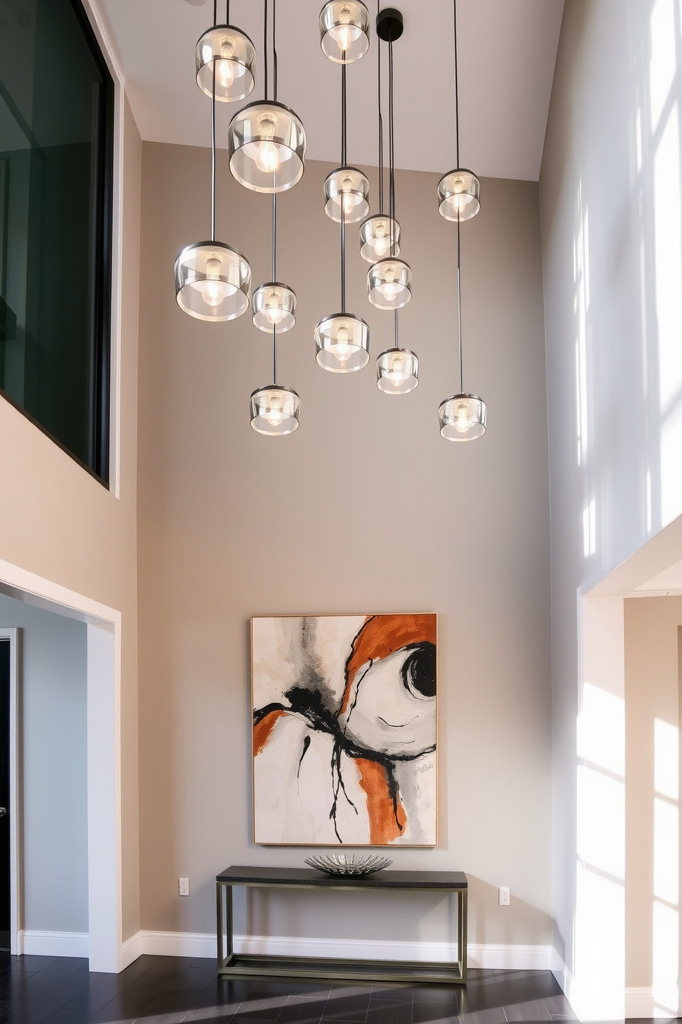 A modern foyer with high ceilings featuring hanging pendant lights that create a dramatic ambiance. The foyer is adorned with a sleek console table and a large abstract artwork that complements the lighting.