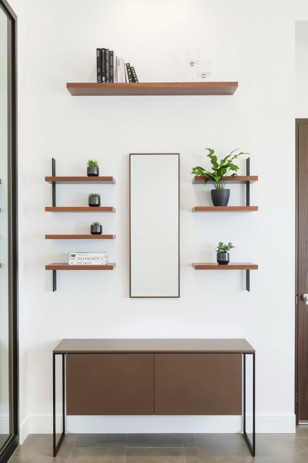 A modern foyer featuring wall-mounted shelves for stylish storage. The shelves are made of sleek wood and are adorned with decorative books and plants. The walls are painted in a crisp white to enhance the space's brightness. A minimalist console table sits below the shelves, complemented by a contemporary mirror above it.