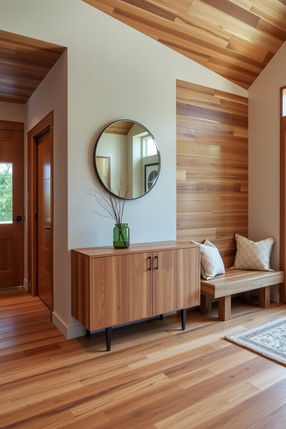 A modern foyer featuring natural wood elements that create a warm and inviting atmosphere. The space includes a sleek wooden console table with a minimalist design, complemented by a large round mirror above it. Warm wooden accents are integrated into the flooring and ceiling, enhancing the cozy feel of the entrance. A stylish bench made of reclaimed wood sits against one wall, adorned with plush cushions for added comfort.