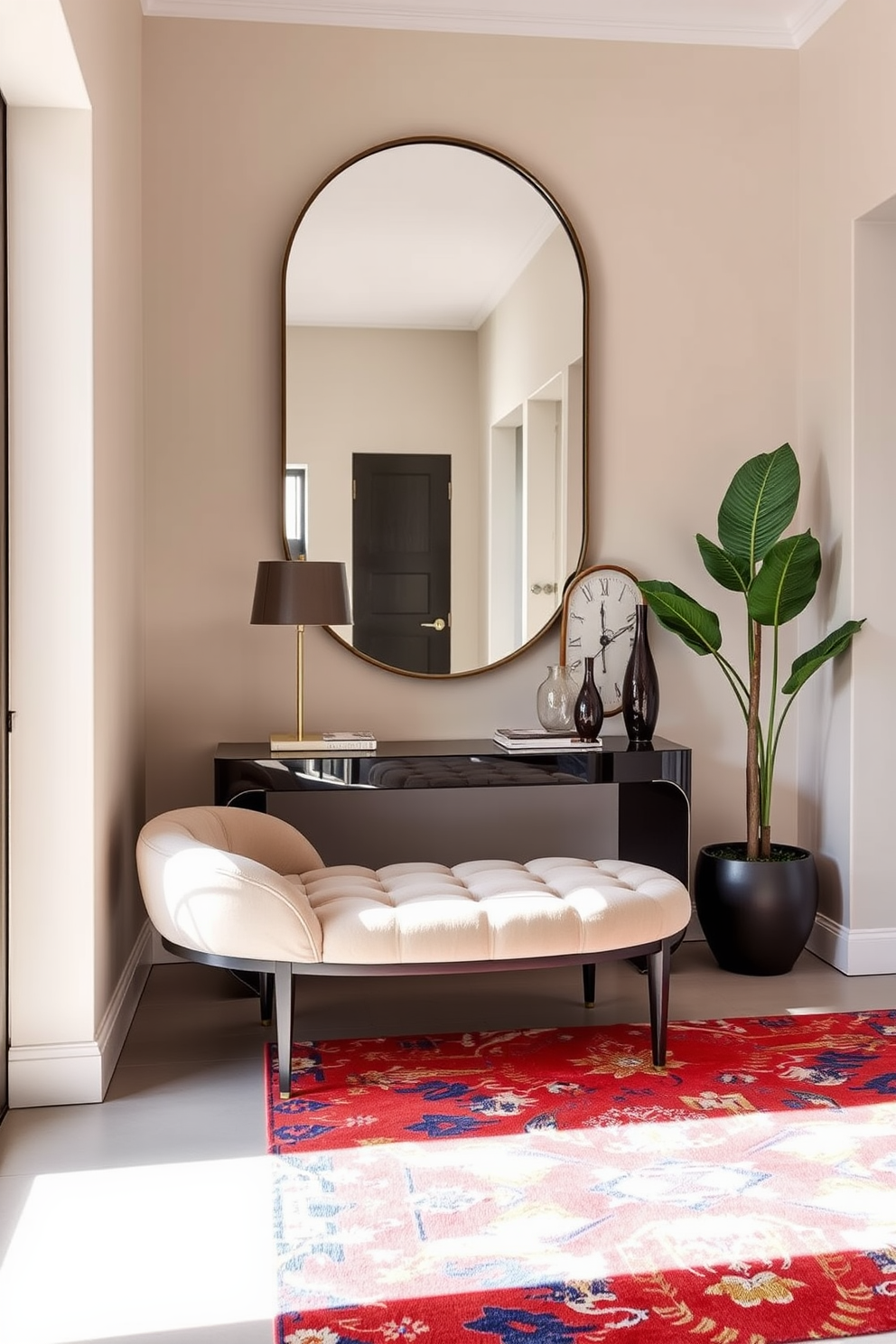 A modern foyer features curved furniture that softens the sharp edges of the space. The entrance showcases a stylish console table with rounded edges, complemented by a plush circular bench and a large statement mirror that enhances the light. The walls are adorned with soft, neutral tones, creating a welcoming atmosphere. A vibrant area rug adds a pop of color, while carefully placed plants bring a touch of nature into the design.