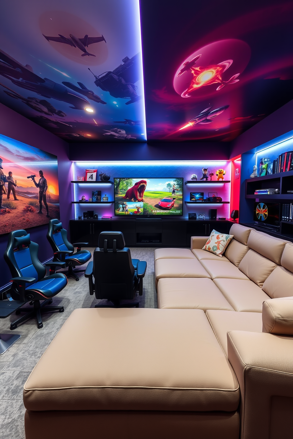 A modern game room designed with a vibrant color palette that reflects the energy of favorite video games. The walls are adorned with themed artwork that showcases iconic characters and landscapes from popular games, creating an immersive atmosphere. Comfortable seating options include a sleek sectional sofa and gaming chairs, arranged around a large screen for an optimal viewing experience. Ambient lighting enhances the mood, with LED strips highlighting shelves filled with collectibles and gaming memorabilia.