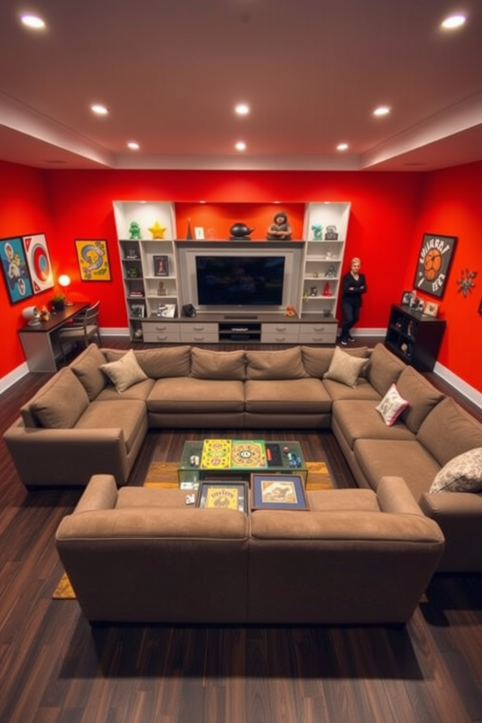 A large sectional sofa is positioned in the center of a modern game room, providing ample seating for family and friends. The room features a sleek entertainment center with a large flat-screen TV, surrounded by vibrant wall art and playful decor. The flooring is a dark wood, creating a warm contrast against the bright walls painted in a fun accent color. A stylish coffee table sits in front of the sofa, adorned with board games and snacks for an inviting atmosphere.