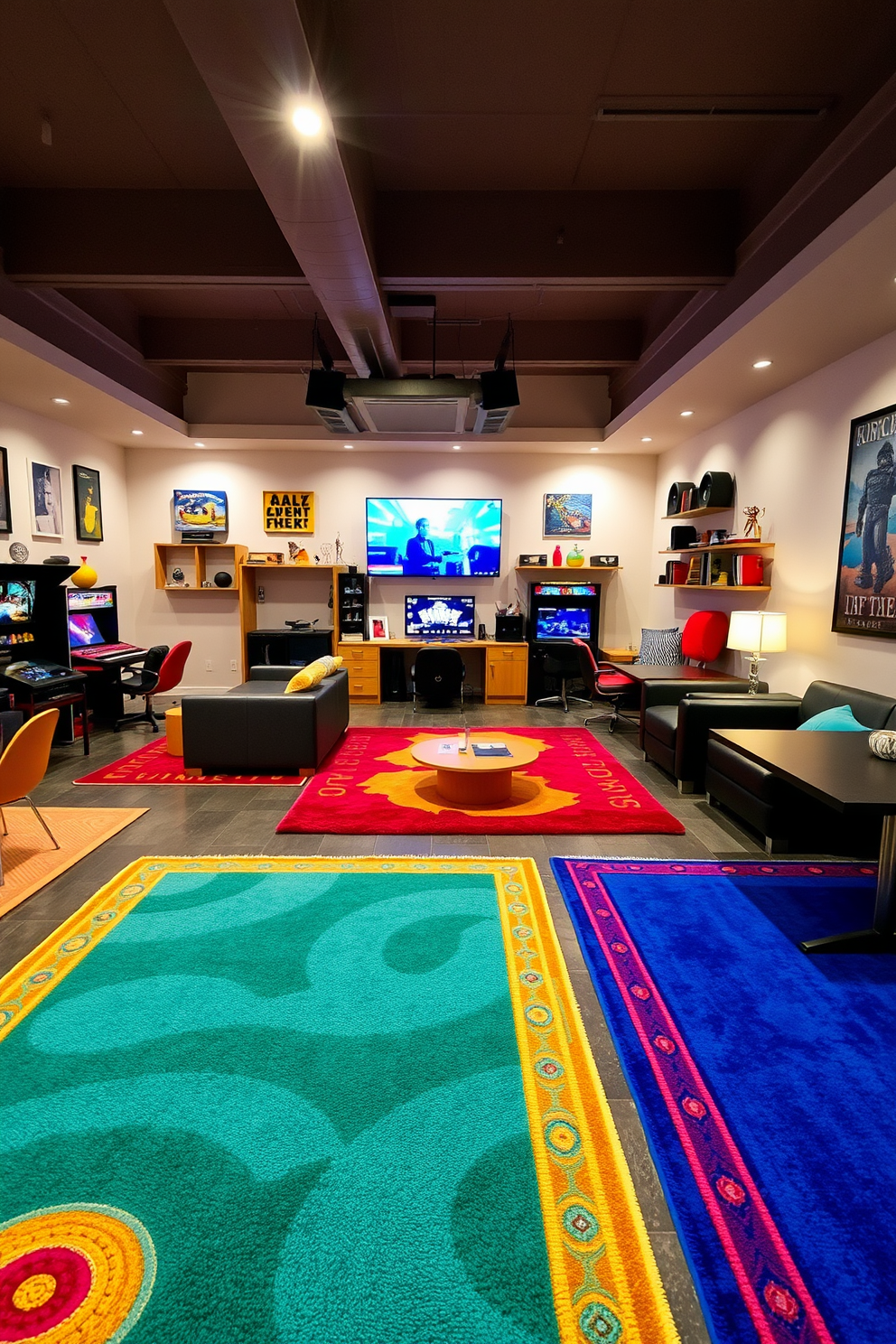 A vibrant game room filled with colorful rugs that define distinct play areas. The rugs feature playful patterns and bright colors, complementing the contemporary furniture and gaming setups throughout the space. The walls are adorned with fun artwork and shelves displaying games and collectibles. Soft lighting creates a welcoming atmosphere, making it an ideal spot for relaxation and entertainment.