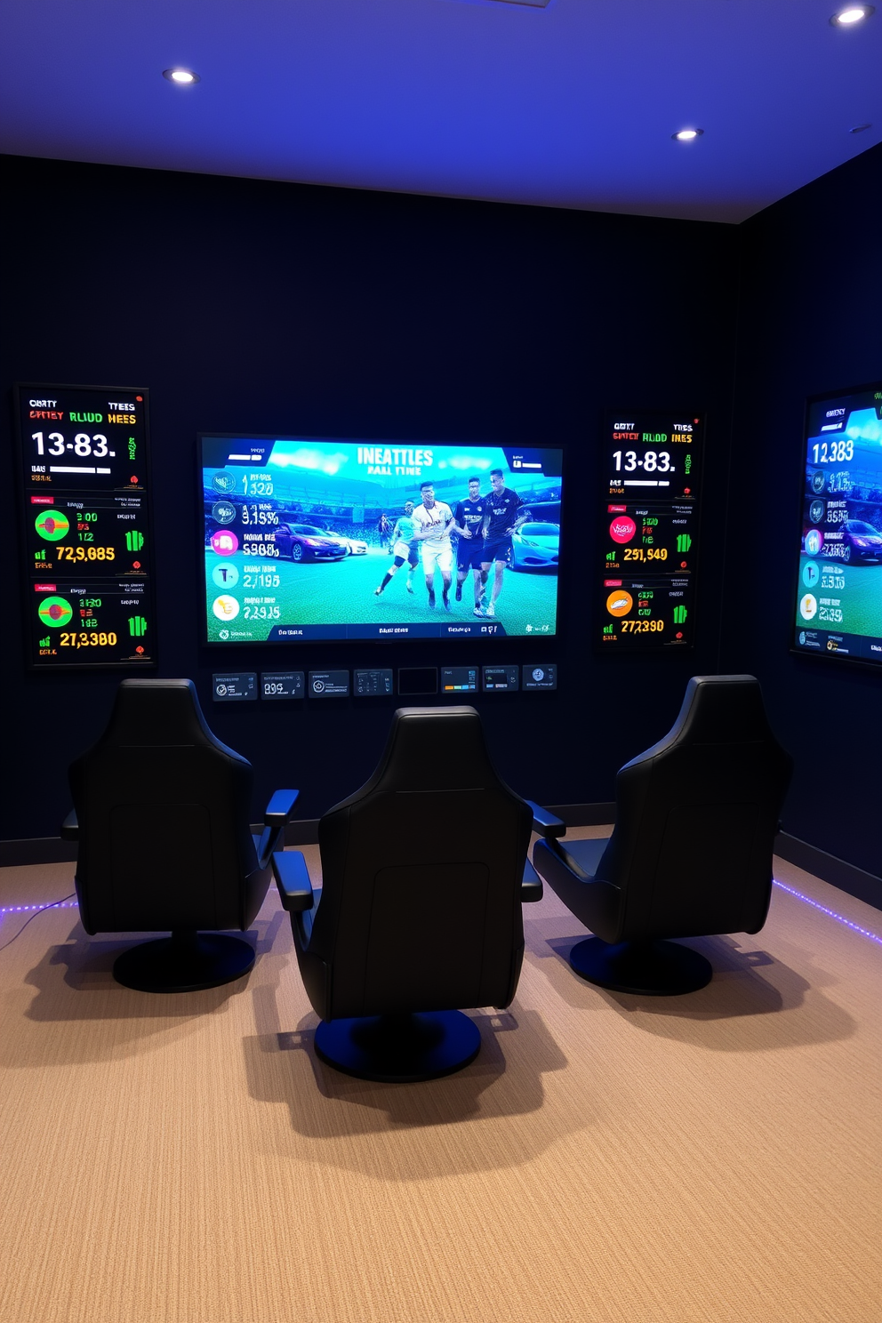 A modern game room featuring interactive wall displays that showcase game statistics in real time. The room is equipped with sleek gaming chairs and a large flat-screen TV mounted on the wall, surrounded by ambient LED lighting.